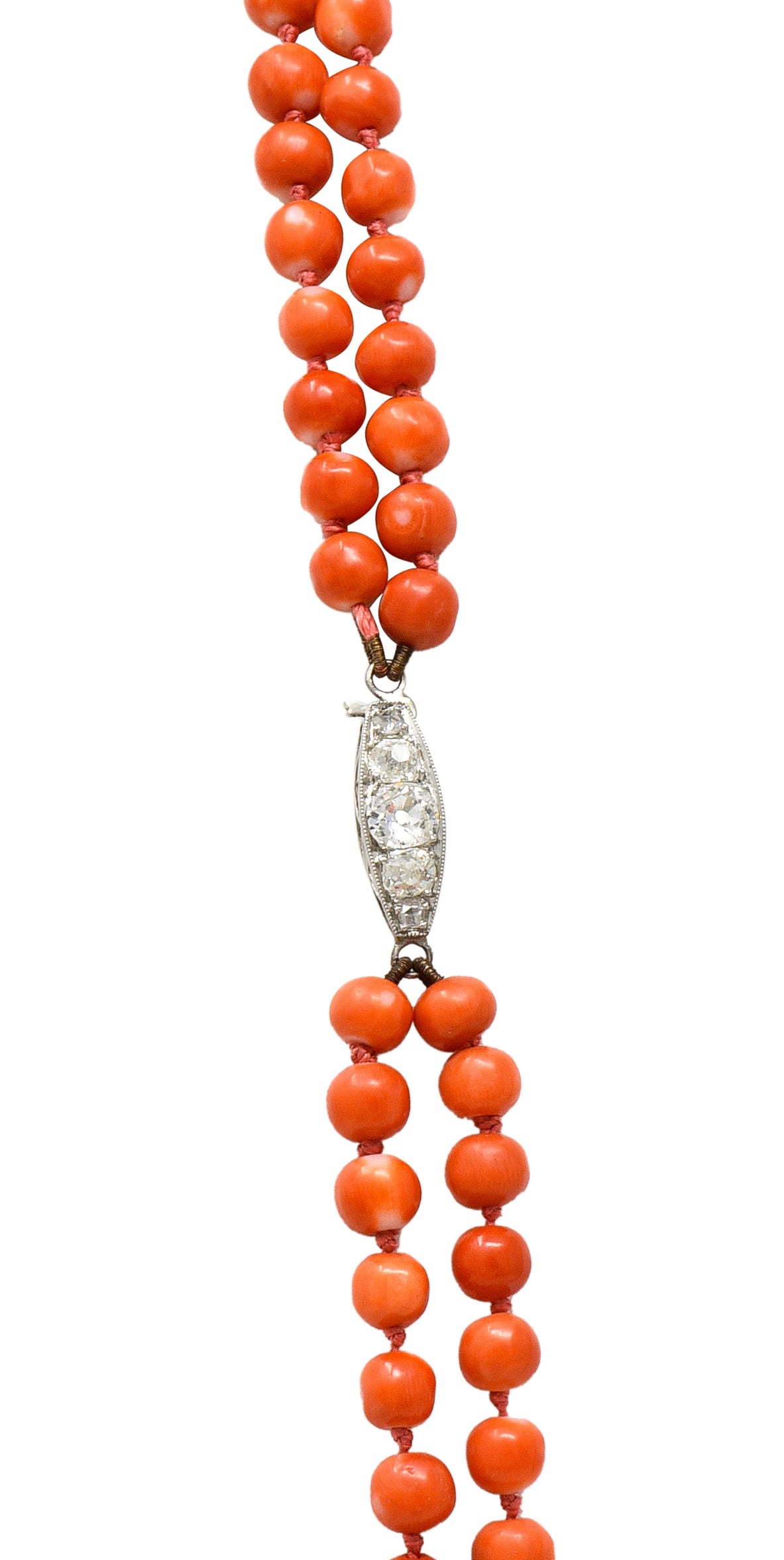 Art Deco Old Mine Diamond Coral Platinum Layered Bead Multi Strand Necklace