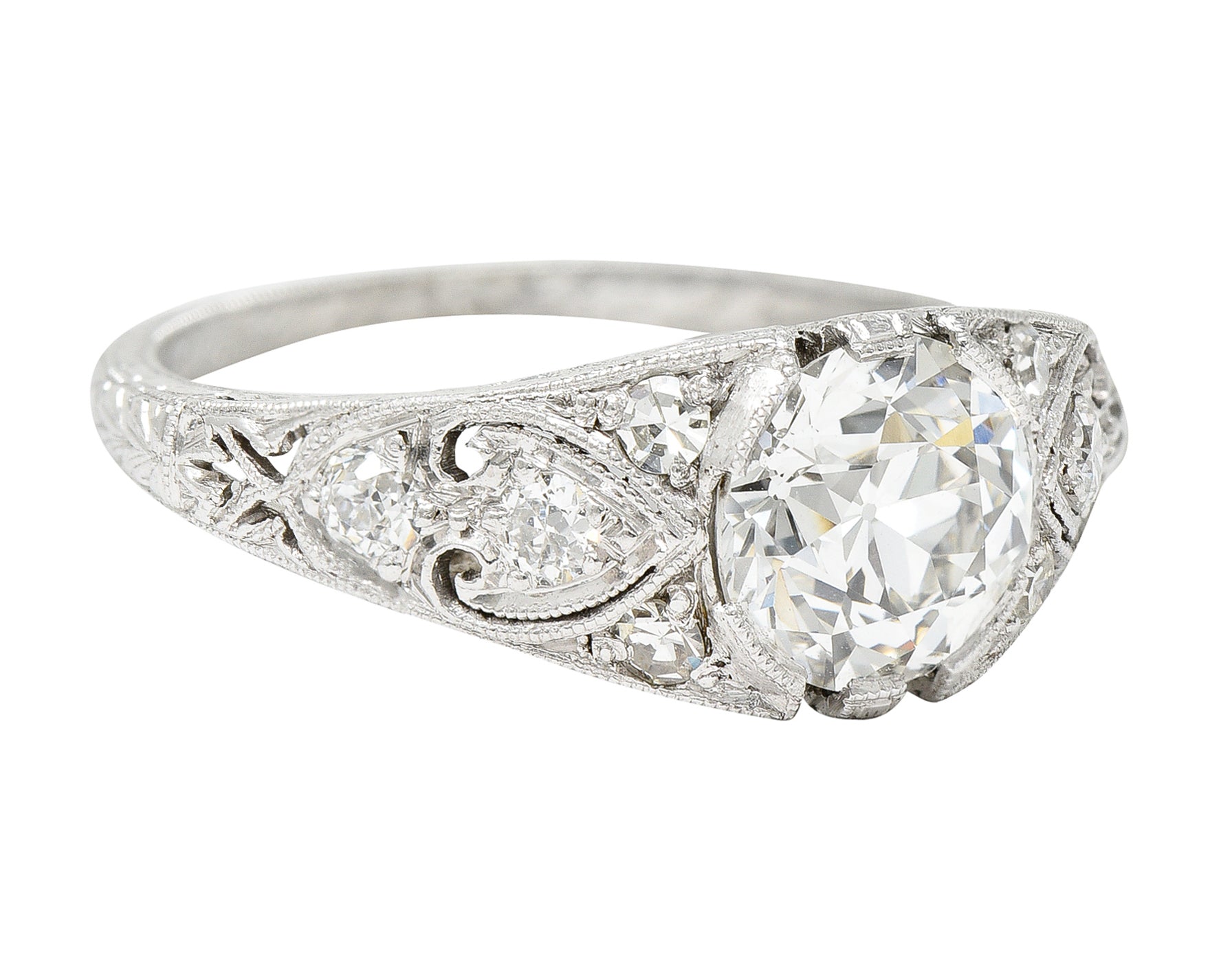 1923 Art Deco 1.34 CTW Diamond Platinum Scrolled Wheat Engagement Ring GIA Wilson's Estate Jewelry