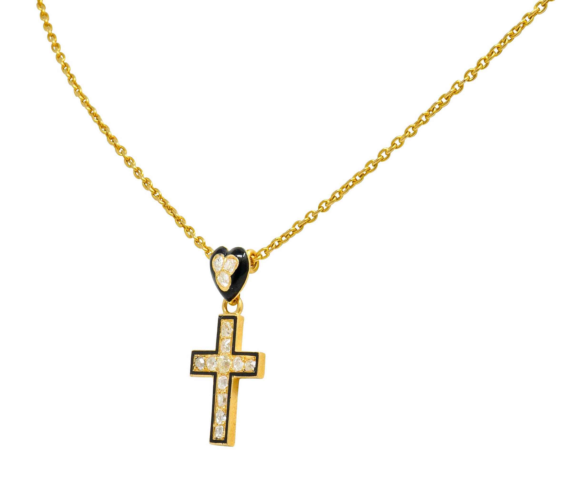 Victorian Diamond Enamel 18 Karat Gold Mourning Heart Cross Necklace - Wilson's Estate Jewelry