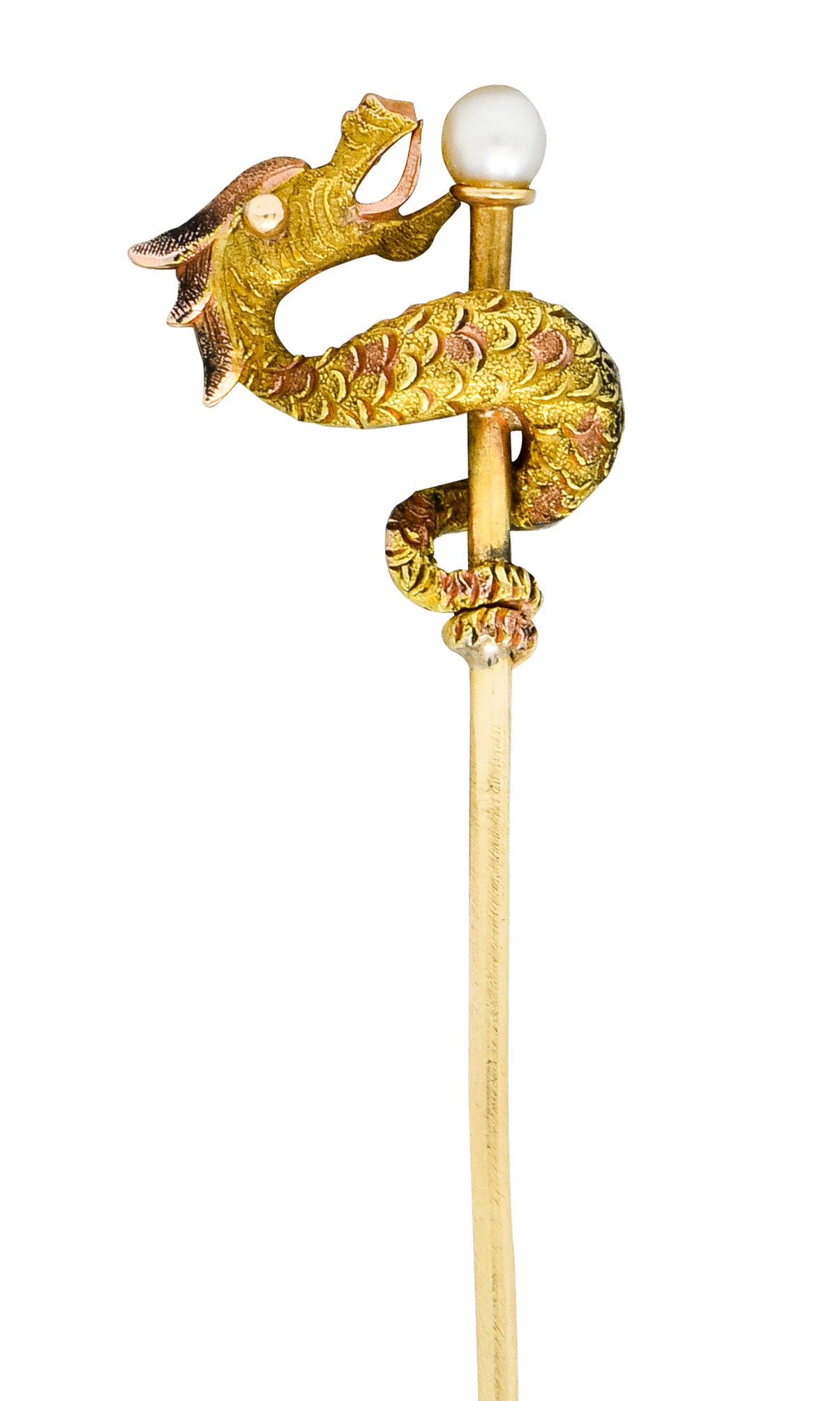 Carter & Gough Art Nouveau Pearl 14 Karat Tri-Colored Gold Winding Serpent Stickpin - Wilson's Estate Jewelry