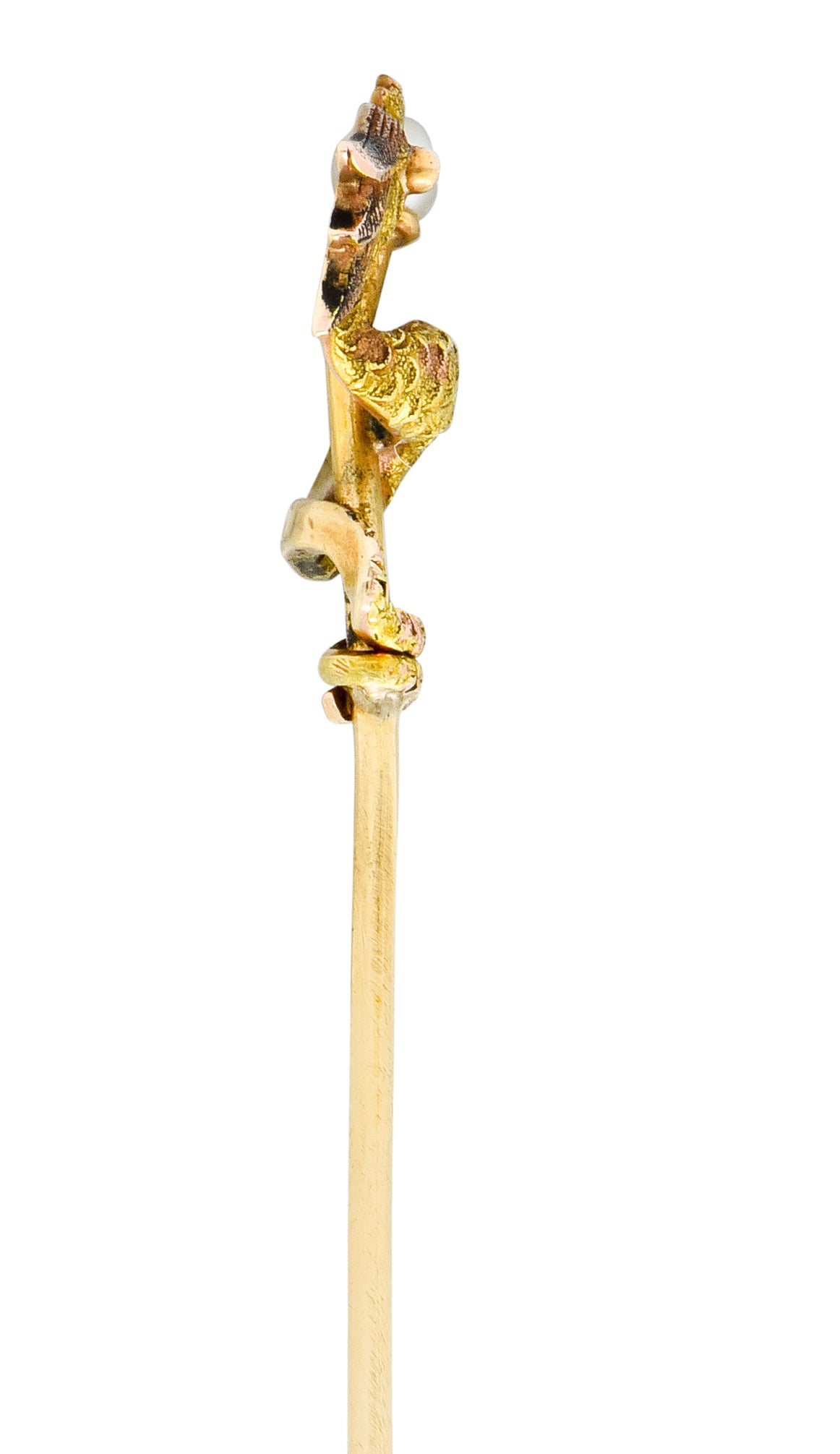 Carter & Gough Art Nouveau Pearl 14 Karat Tri-Colored Gold Winding Serpent Stickpin - Wilson's Estate Jewelry