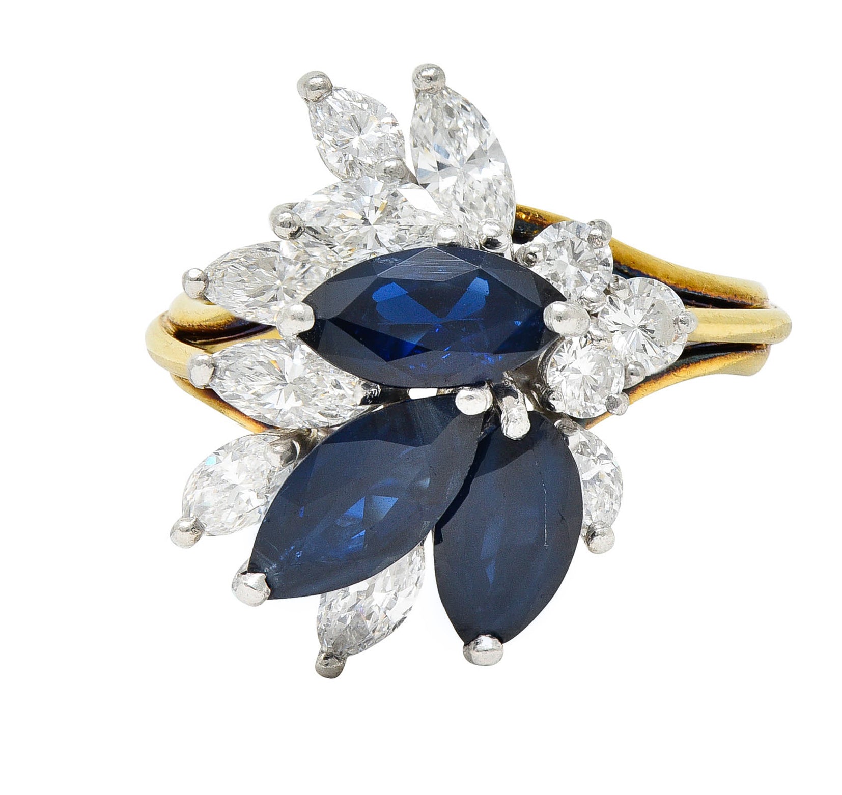 1980's Vintage 3.30 CTW Sapphire Diamond Platinum 18 Karat Gold Cluster RingRing - Wilson's Estate Jewelry