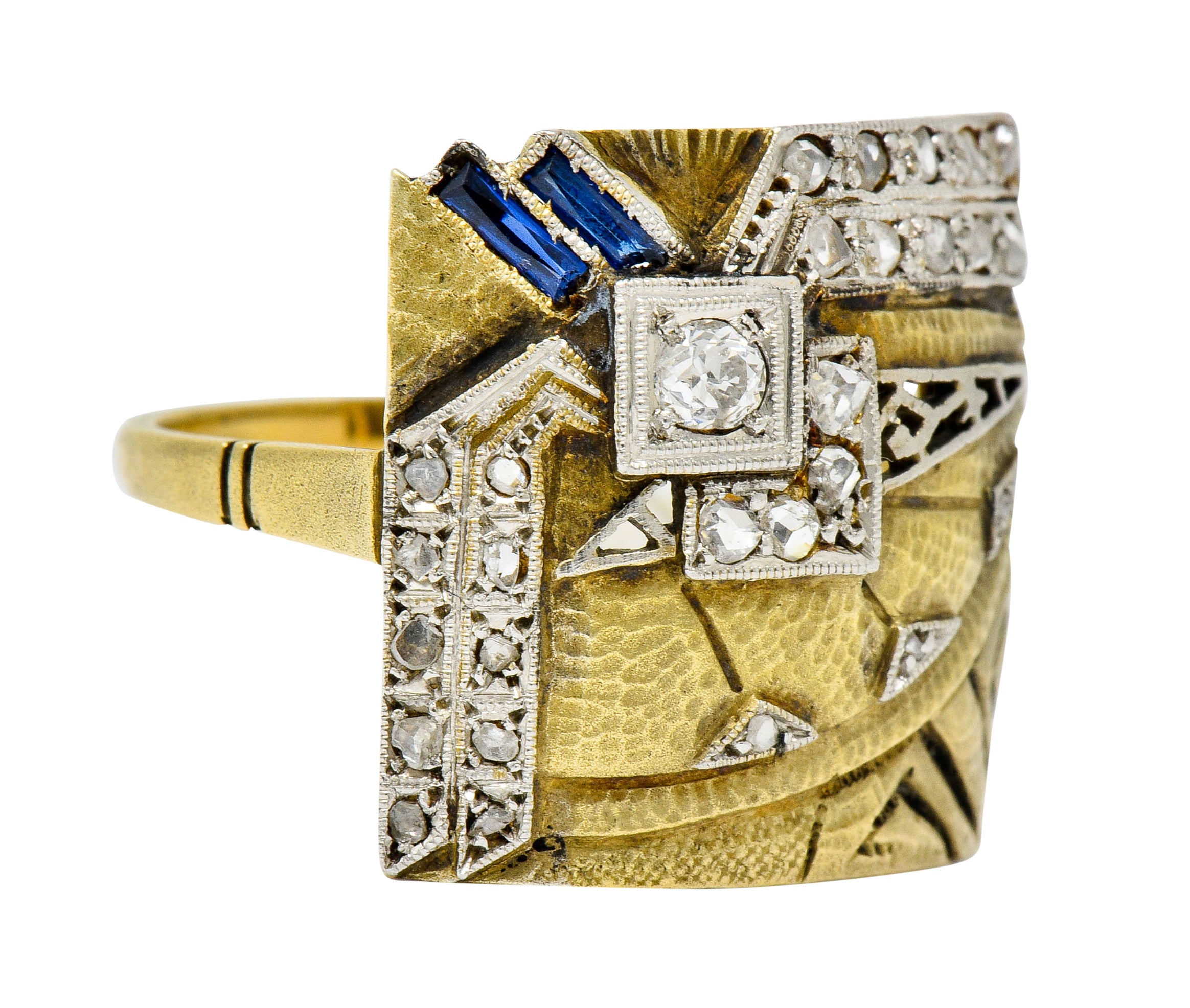 1920's Early Art Deco Diamond Sapphire Platinum-Topped 18 Karat Gold Egyptian Revival Ring - Wilson's Estate Jewelry