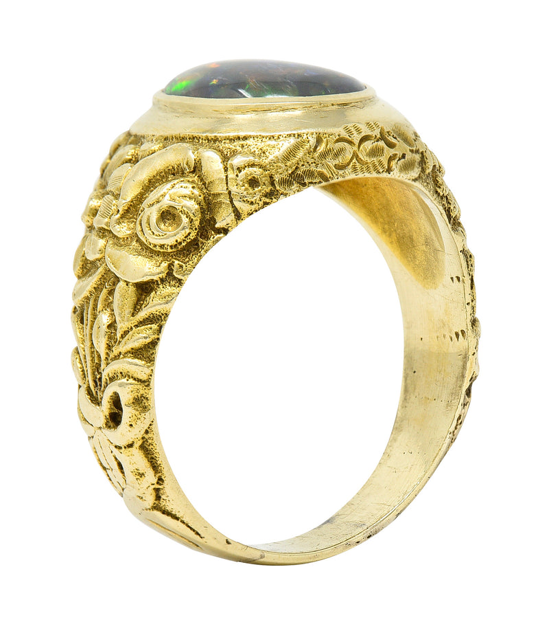 Late Victorian Black Opal 14 Karat Gold Unisex Floral Signet Ring ...