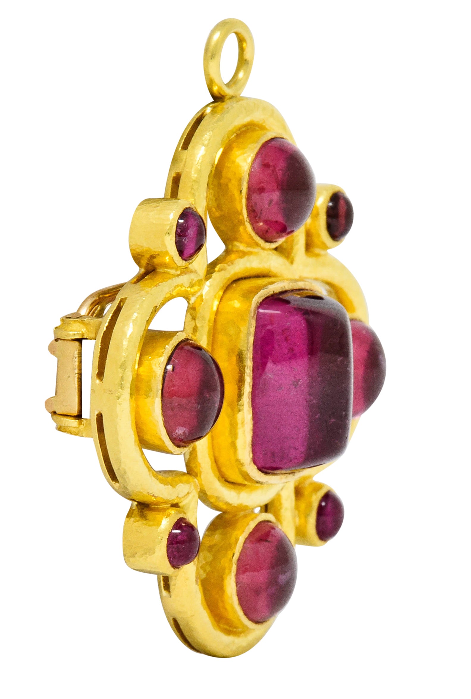 Elizabeth Locke Pink Tourmaline 19 Karat Hammered Gold Quatrefoil Pendant Brooch - Wilson's Estate Jewelry