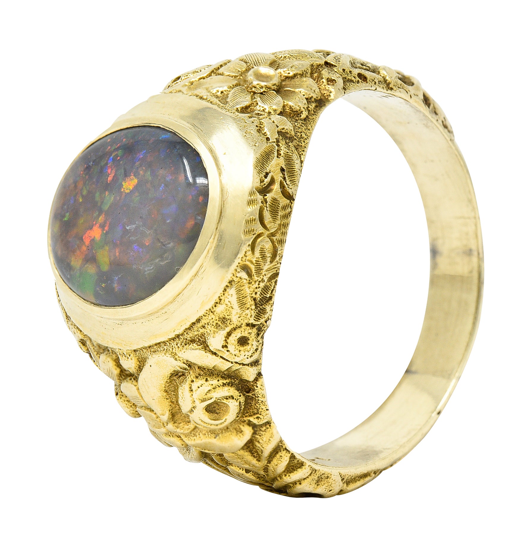 Late Victorian Black Opal 14 Karat Gold Unisex Floral Signet Ring Wilson's Estate Jewelry