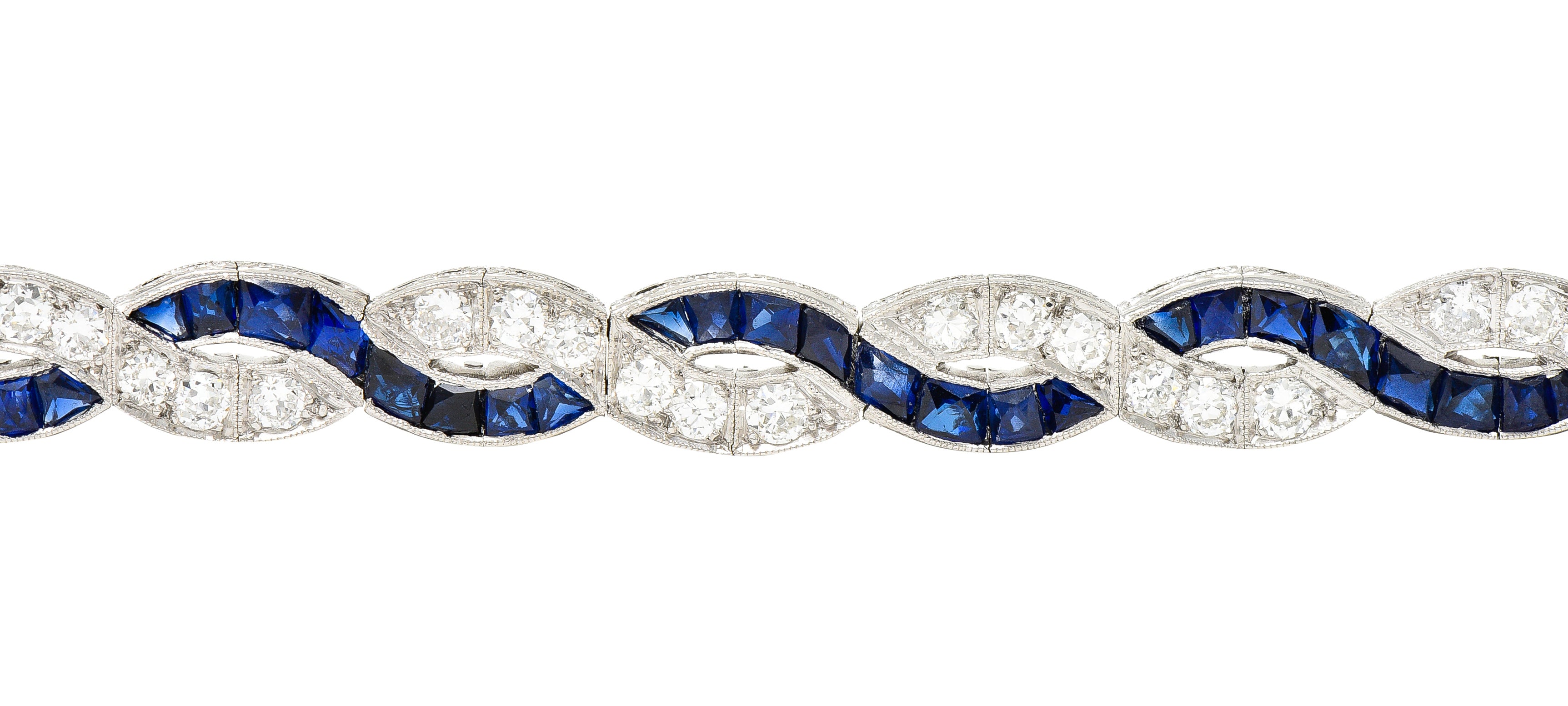 Art Deco 9.27 CTW French Cut Sapphire Diamond Platinum Braided Ribbon Gemstone Line Bracelet Wilson's Estate Jewelry