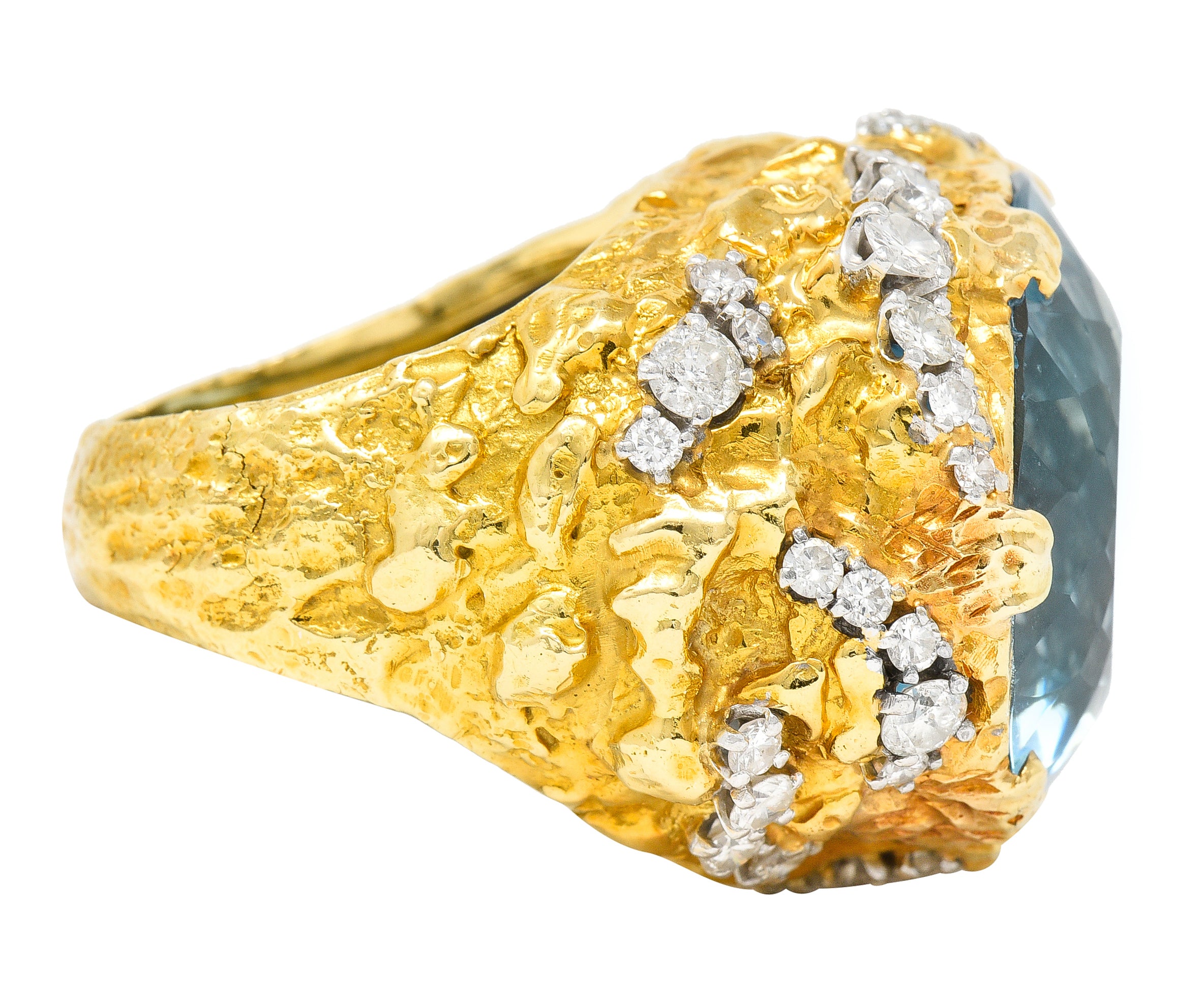 David Webb 1970's 43.10 CTW Aquamarine Diamond Platinum 18 Karat Yellow Gold Substantial Vintage Cocktail Ring Wilson's Estate Jewelry