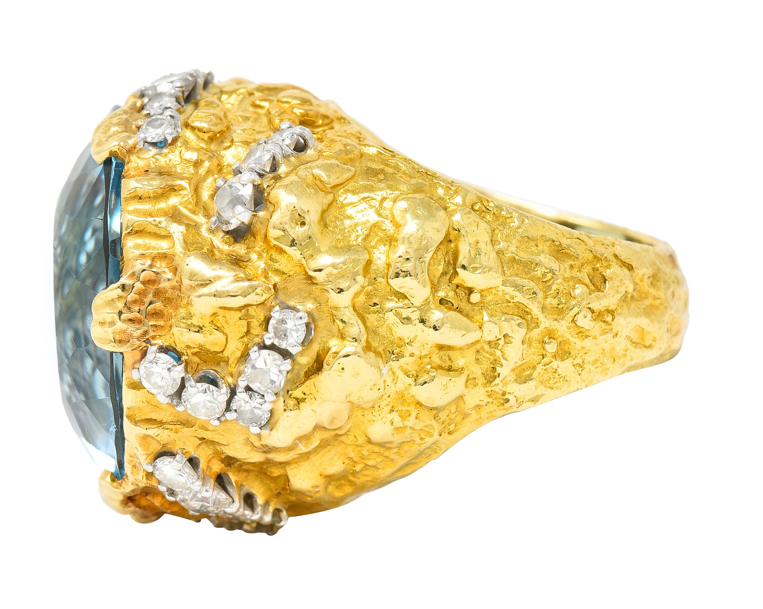 David Webb 1970's 43.10 CTW Aquamarine Diamond Platinum 18 Karat Yellow Gold Substantial Vintage Cocktail Ring Wilson's Estate Jewelry