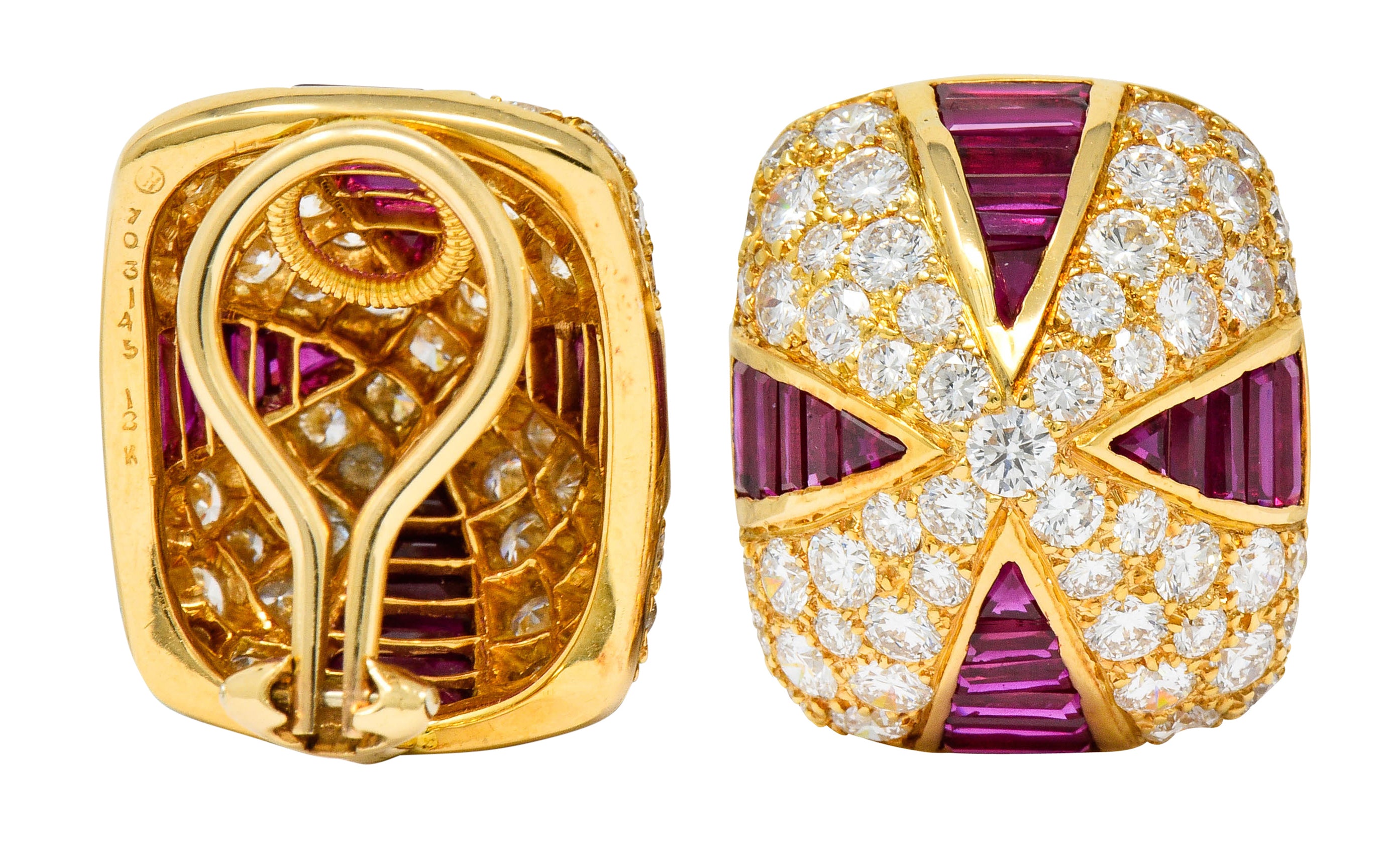 Oscar Heyman 9.02 CTW Diamond Ruby 18 Karat Gold Pave Pyramidal Ear-Clip Earrings - Wilson's Estate Jewelry