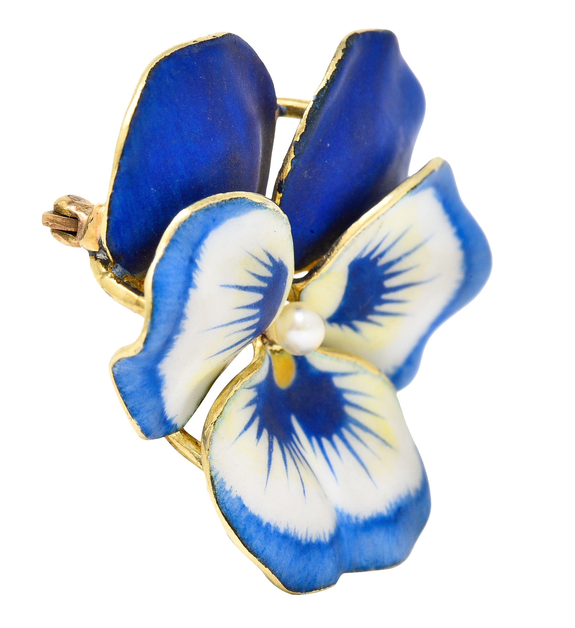 Art Nouveau Pearl Enamel 14 Karat Yellow Gold Blue Pansy Antique Brooch Wilson's Estate Jewelry