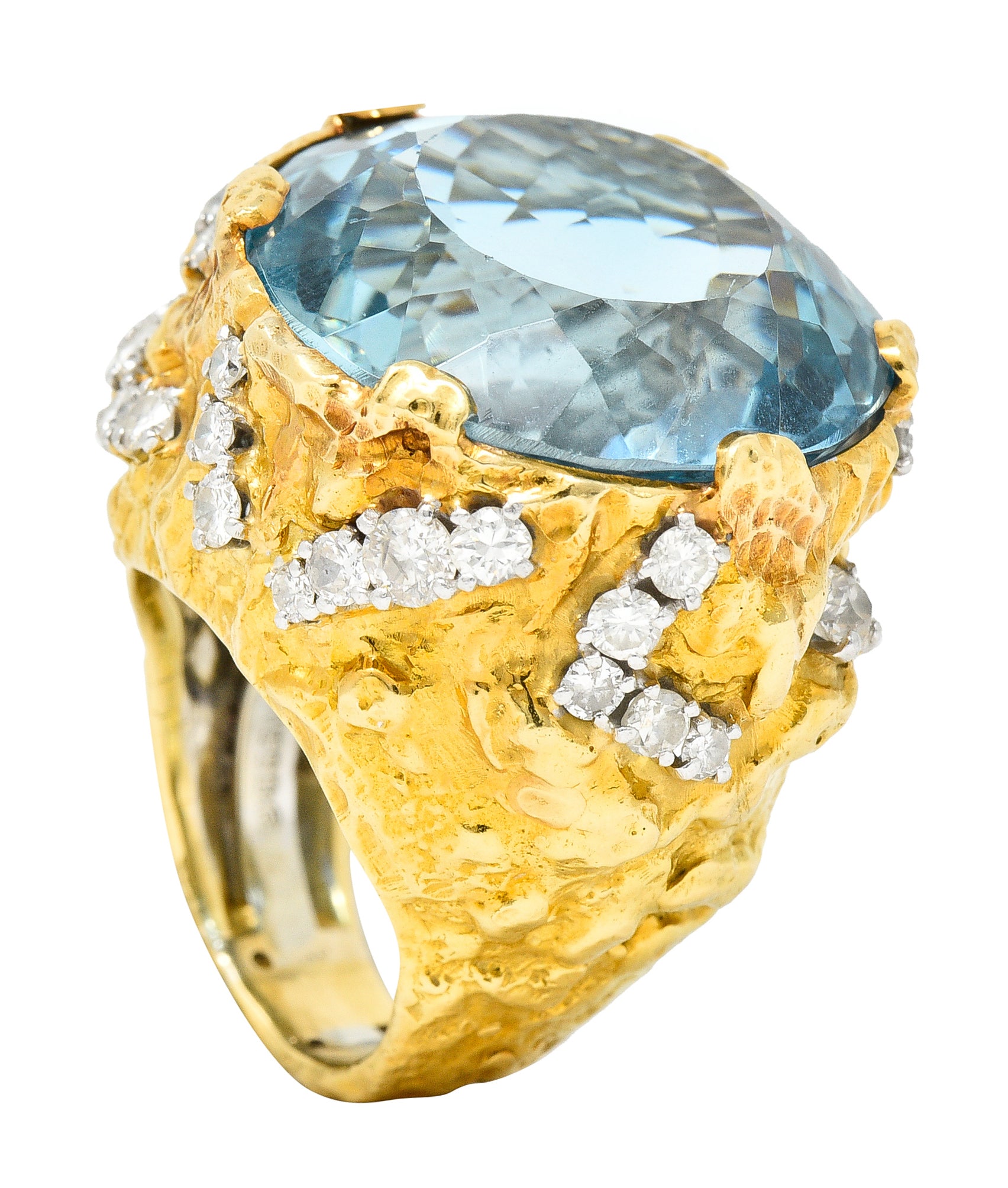 David Webb 1970's 43.10 CTW Aquamarine Diamond Platinum 18 Karat Yellow Gold Substantial Vintage Cocktail Ring Wilson's Estate Jewelry