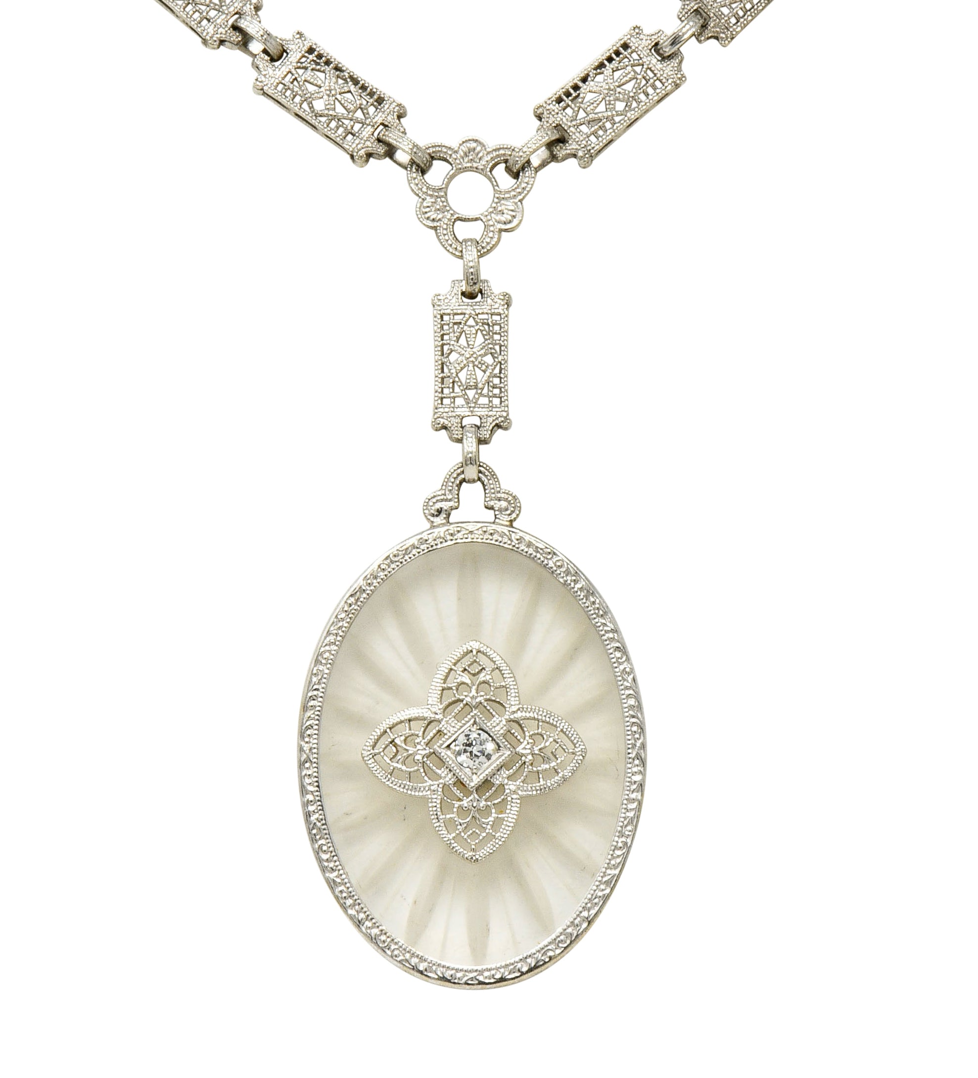 1920's Art Deco Diamond Camphor Glass Platinum Oval Drop Necklace - Wilson's Estate Jewelry