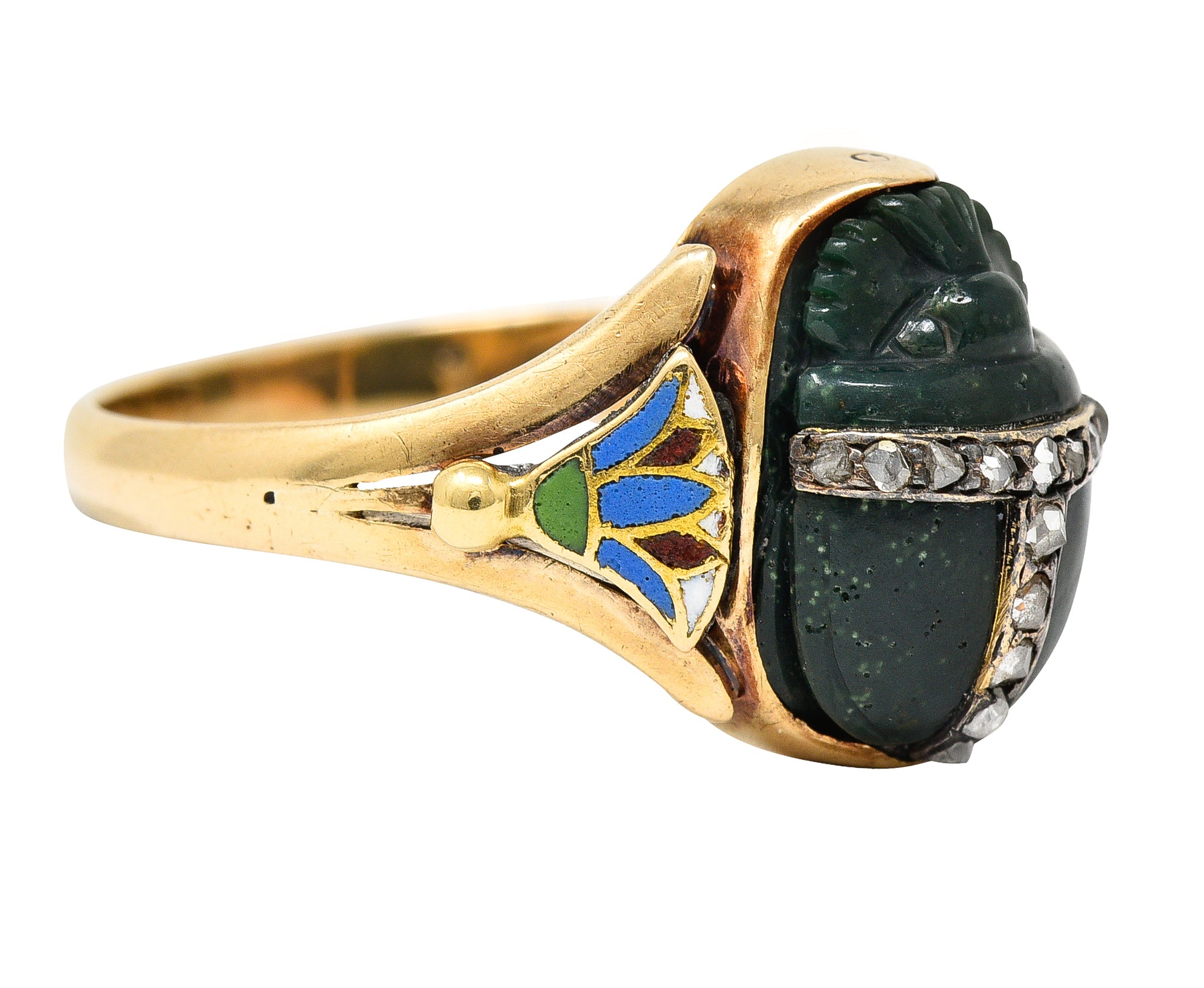 Victorian Egyptian Revival Diamond Enamel Carved Nephrite 14 Karat Yellow Gold Scarab Lotus Antique Ring Wilson's Estate Jewelry