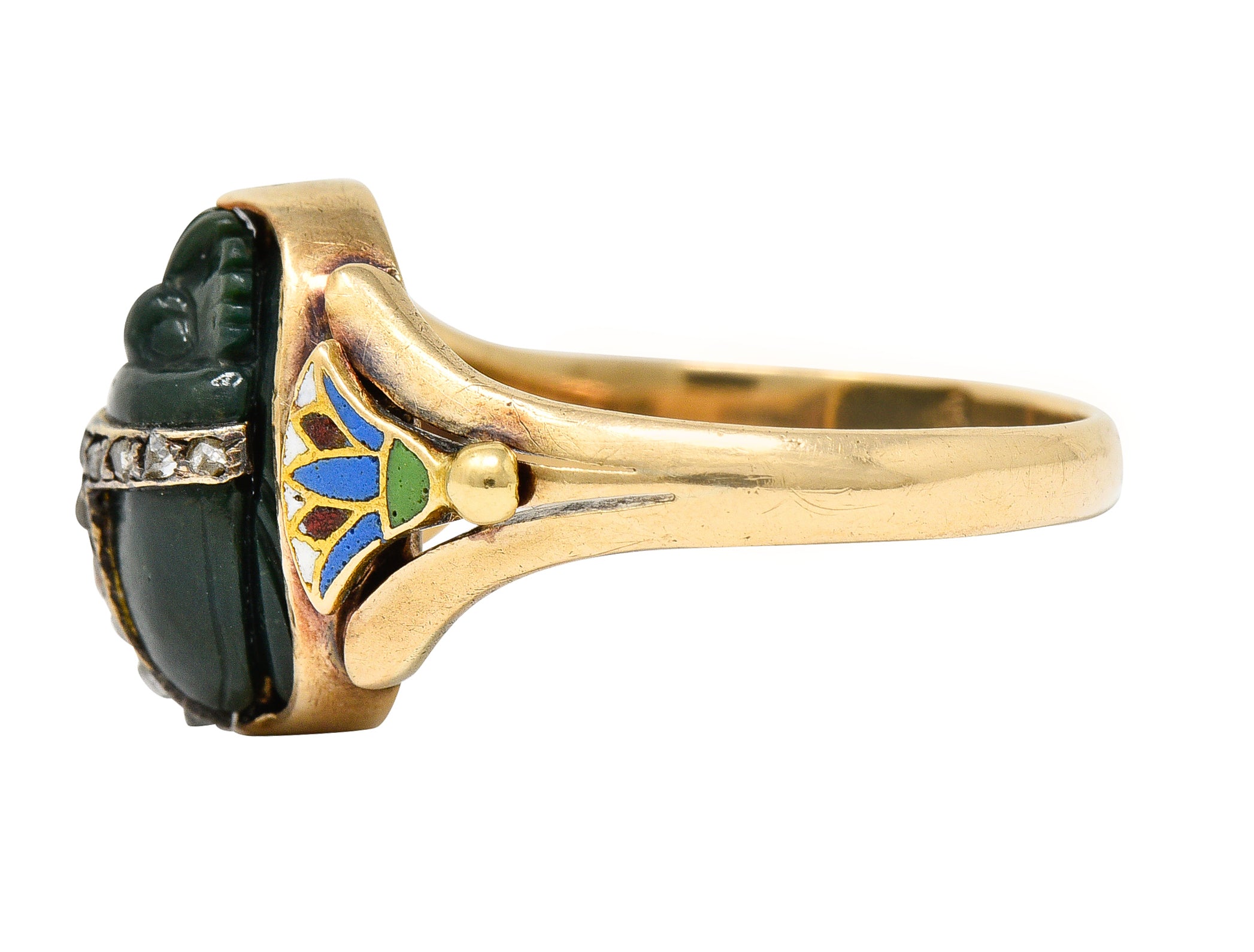 Victorian Egyptian Revival Diamond Enamel Carved Nephrite 14 Karat Yellow Gold Scarab Lotus Antique Ring Wilson's Estate Jewelry