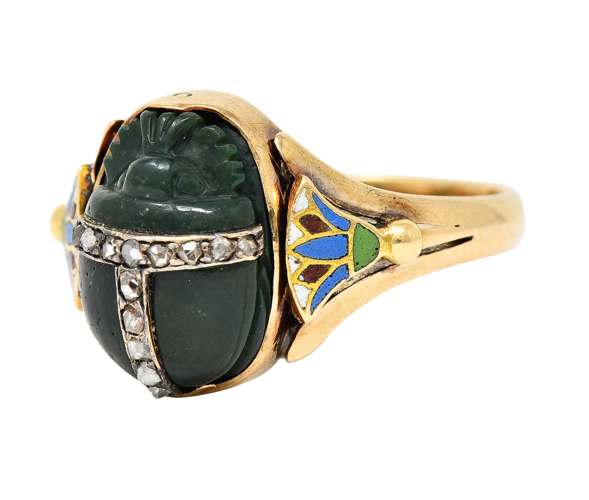 Victorian Egyptian Revival Diamond Enamel Carved Nephrite 14 Karat Yellow Gold Scarab Lotus Antique Ring Wilson's Estate Jewelry