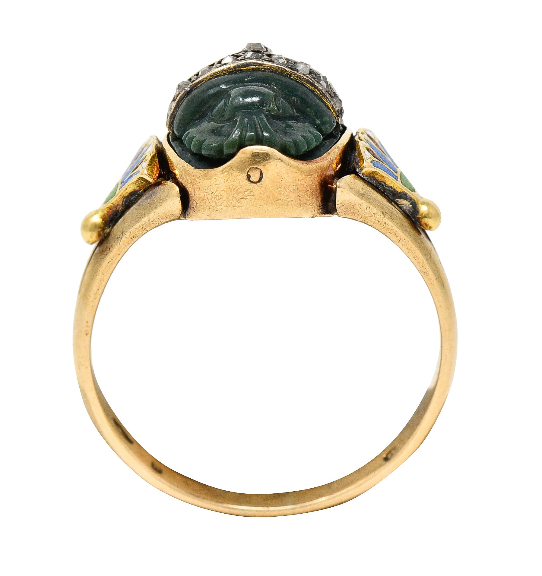 Victorian Egyptian Revival Diamond Enamel Carved Nephrite 14 Karat Yellow Gold Scarab Lotus Antique Ring Wilson's Estate Jewelry