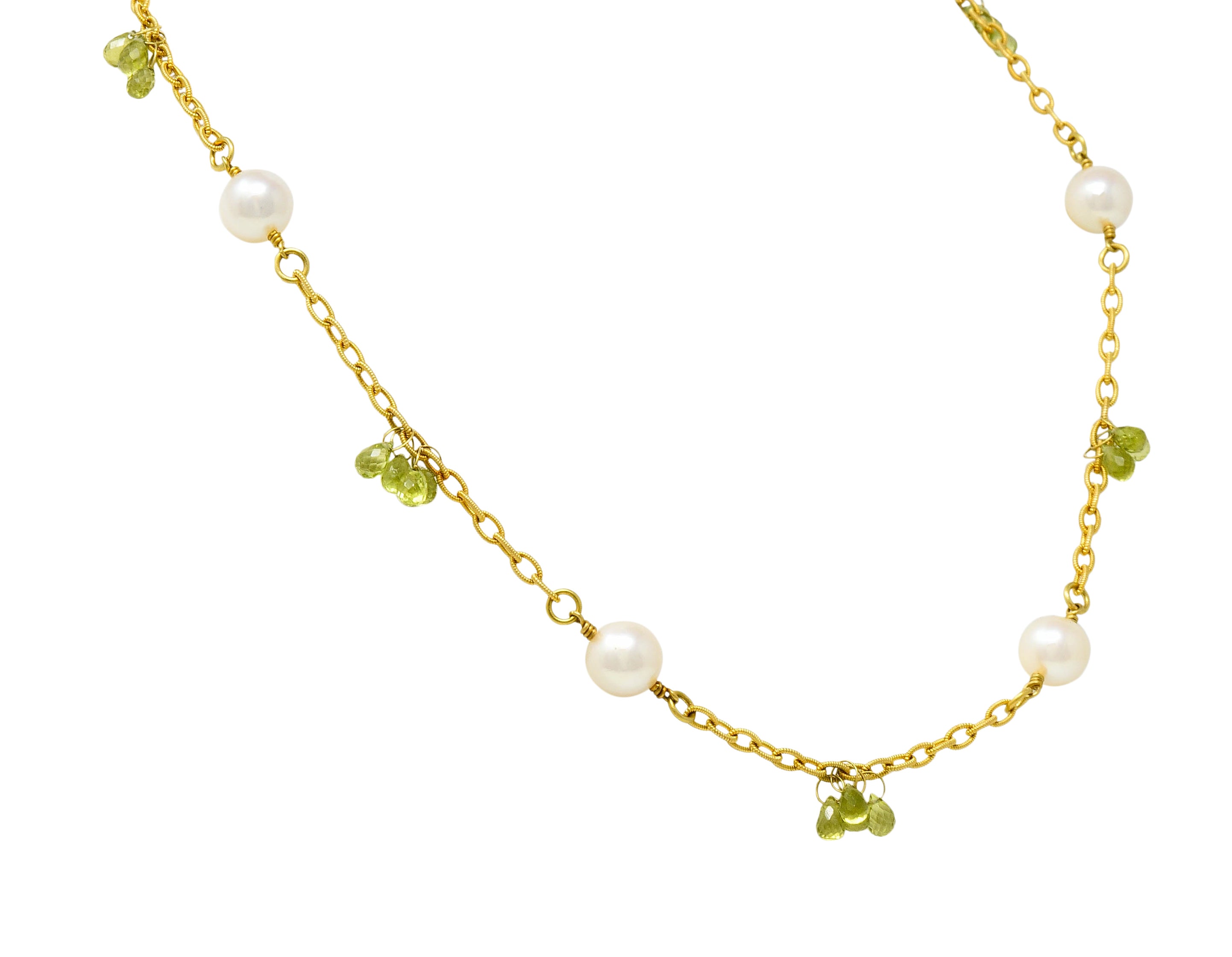 Contemporary Cultured Pearl Peridot 18 Karat Gold Station Necklace - Wilson's Estate Jewelry