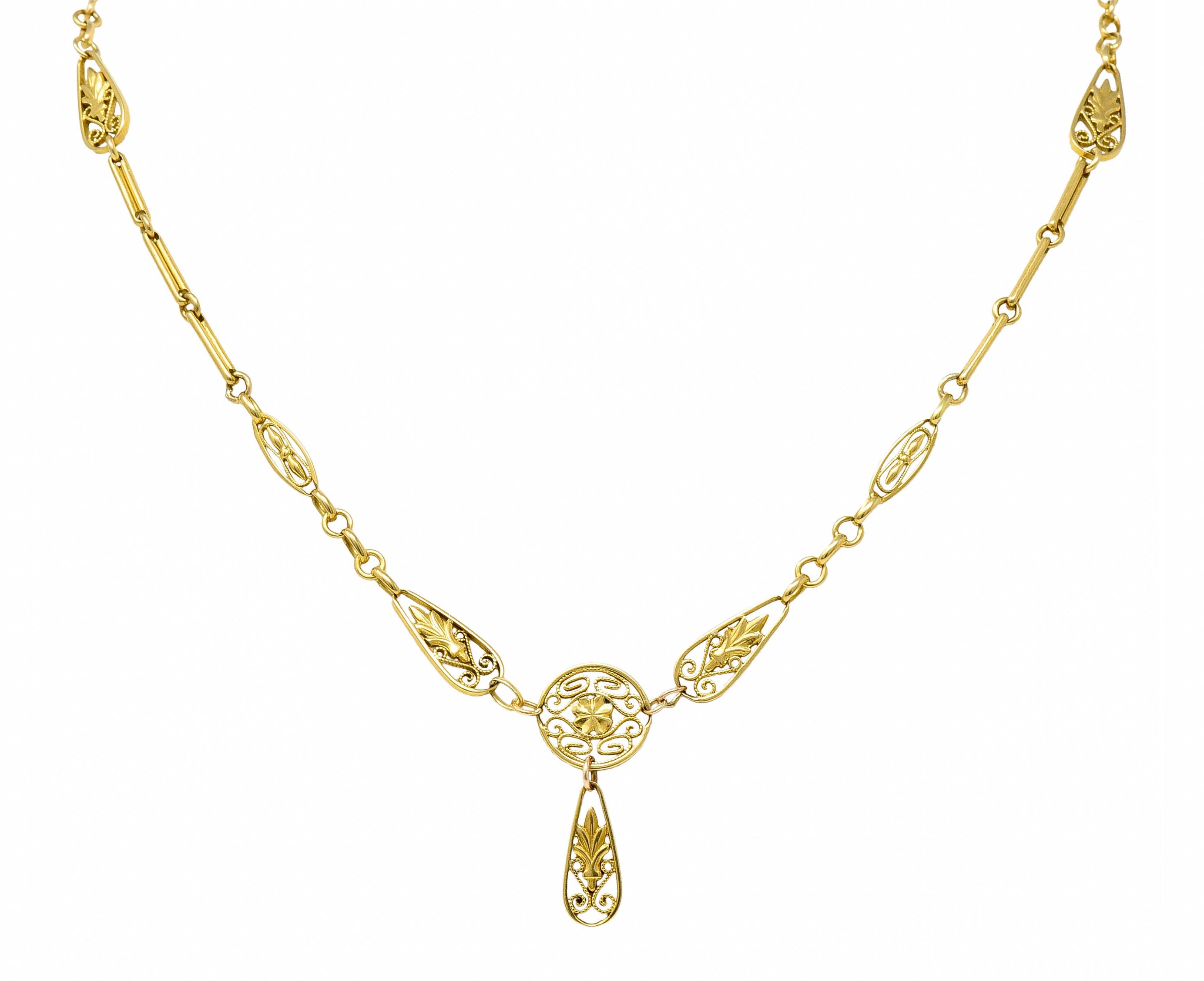 French Art Nouveau 18 Karat Gold Four Leaf Clover Foliate Link NecklaceNecklace - Wilson's Estate Jewelry