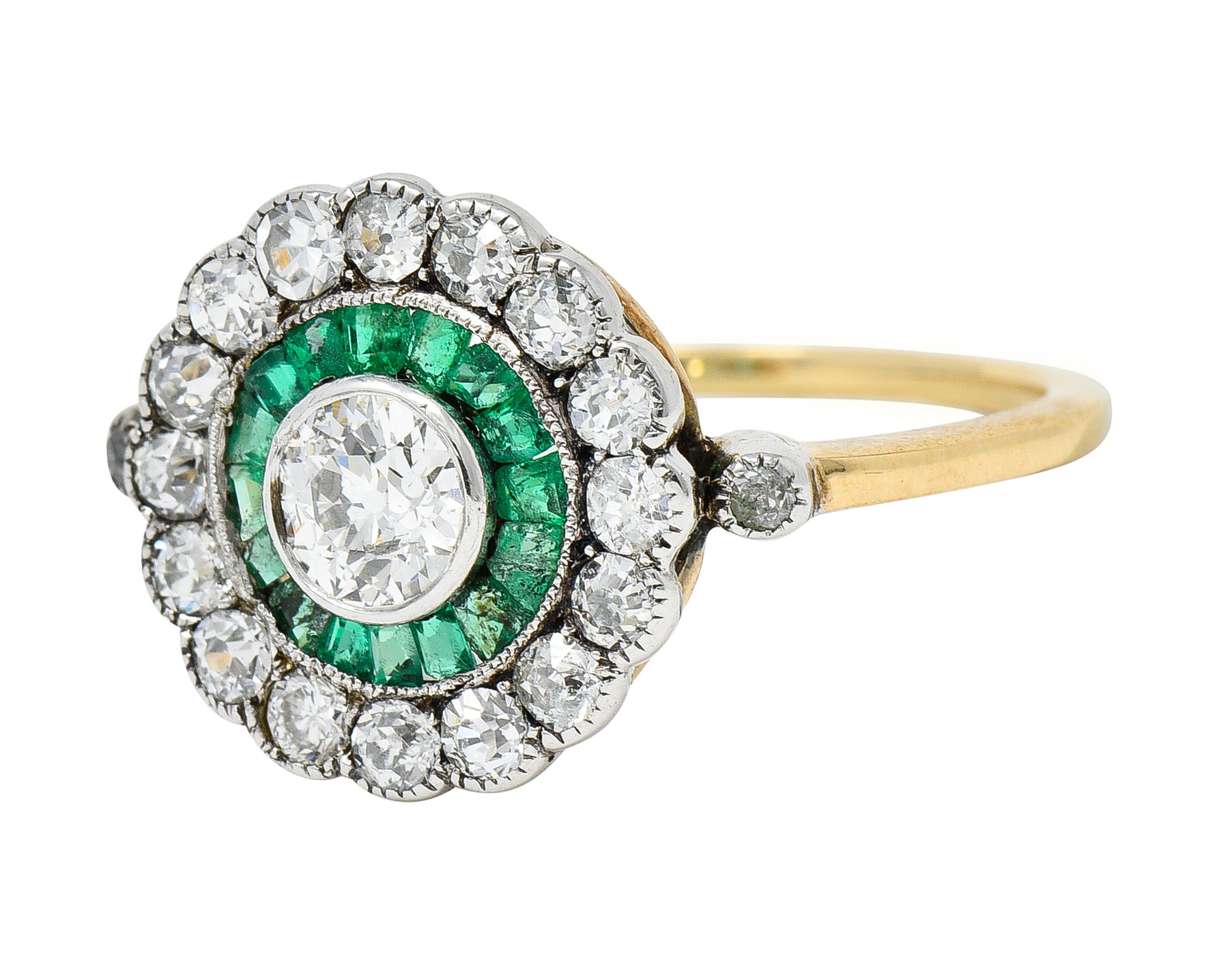 Edwardian 1.74 CTW Old European Cut Diamond Emerald Platinum-Topped 18 Karat Yellow Gold Antique Double Halo Ring Wilson's Estate Jewelry