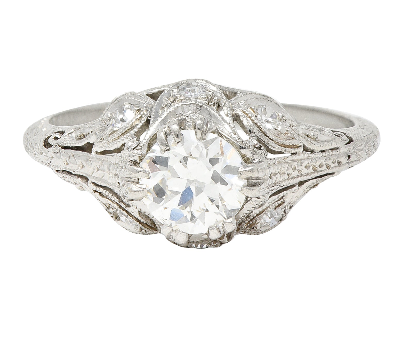 Art Deco 0.75 CTW Old European Cut Diamond Platinum Swirling Foliate Engagement Ring Wilson's Estate Jewelry