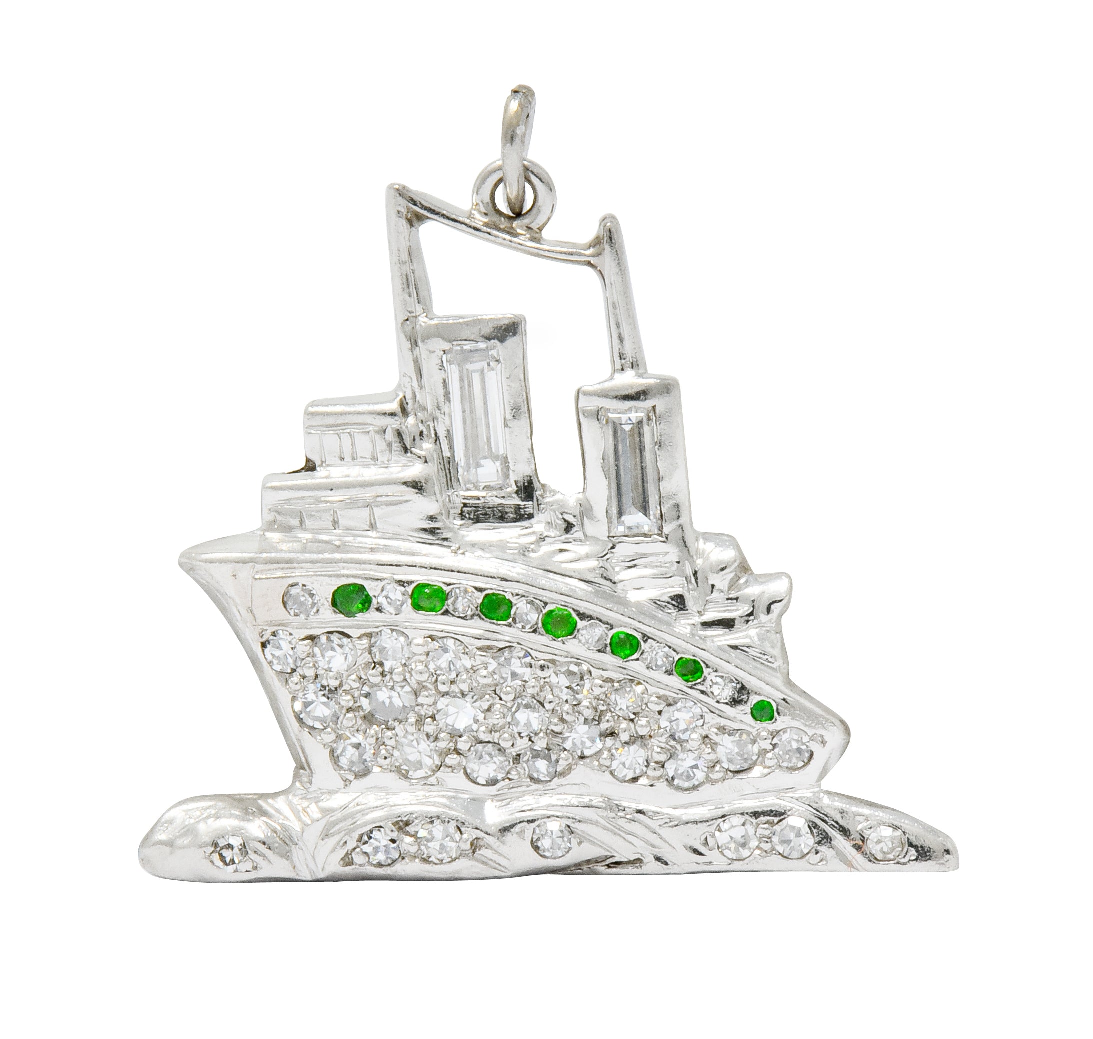 Art Deco Diamond Demantoid Garnet Platinum Queen Mary Ocean Liner Ship Charm - Wilson's Estate Jewelry