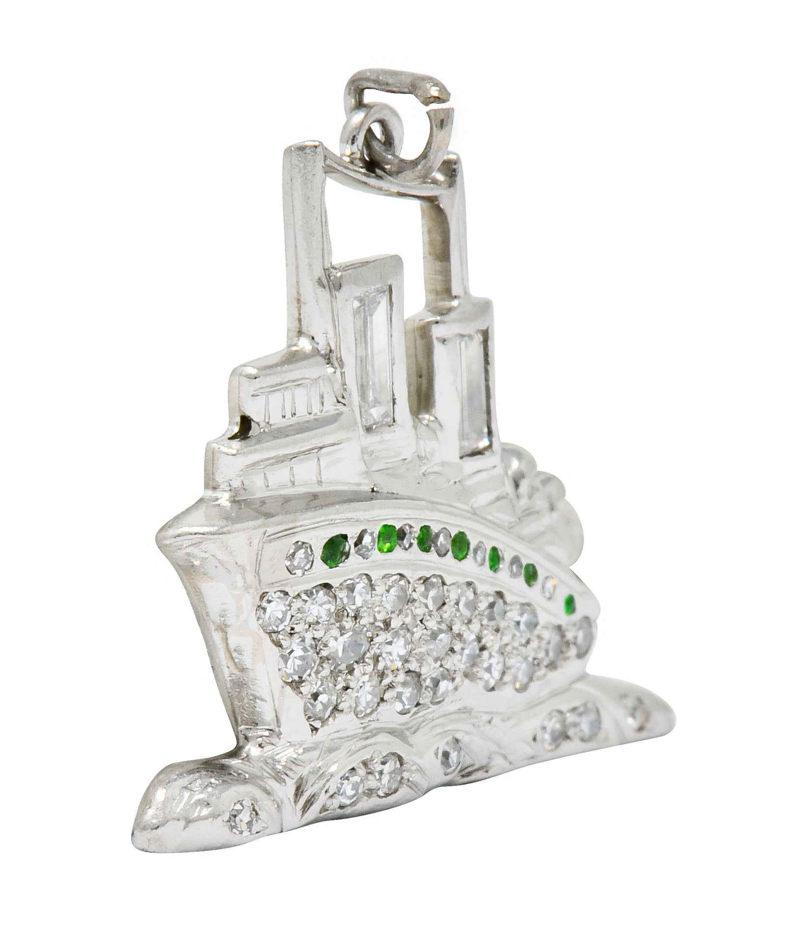 Art Deco Diamond Demantoid Garnet Platinum Queen Mary Ocean Liner Ship Charm - Wilson's Estate Jewelry