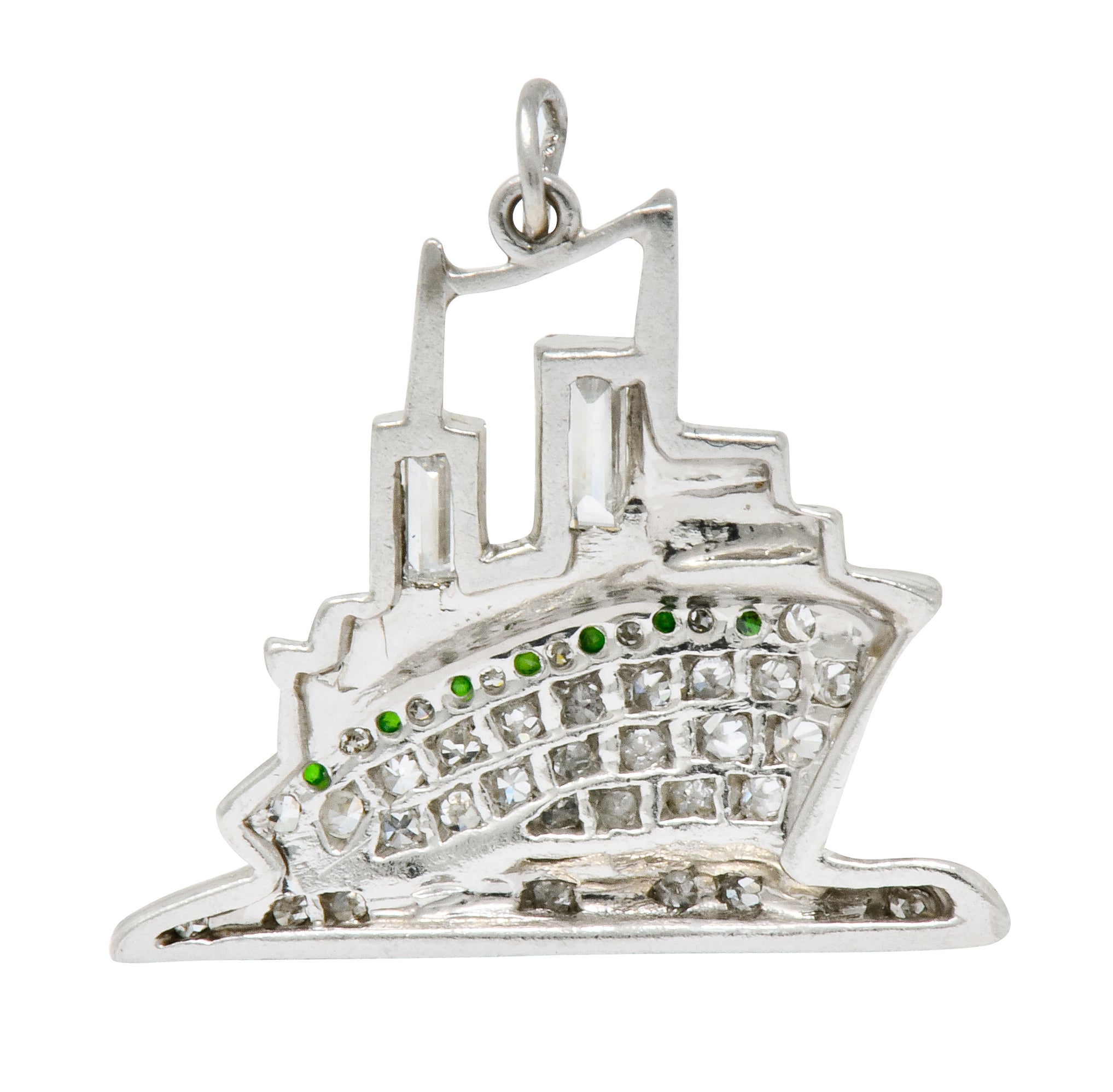 Art Deco Diamond Demantoid Garnet Platinum Queen Mary Ocean Liner Ship Charm - Wilson's Estate Jewelry