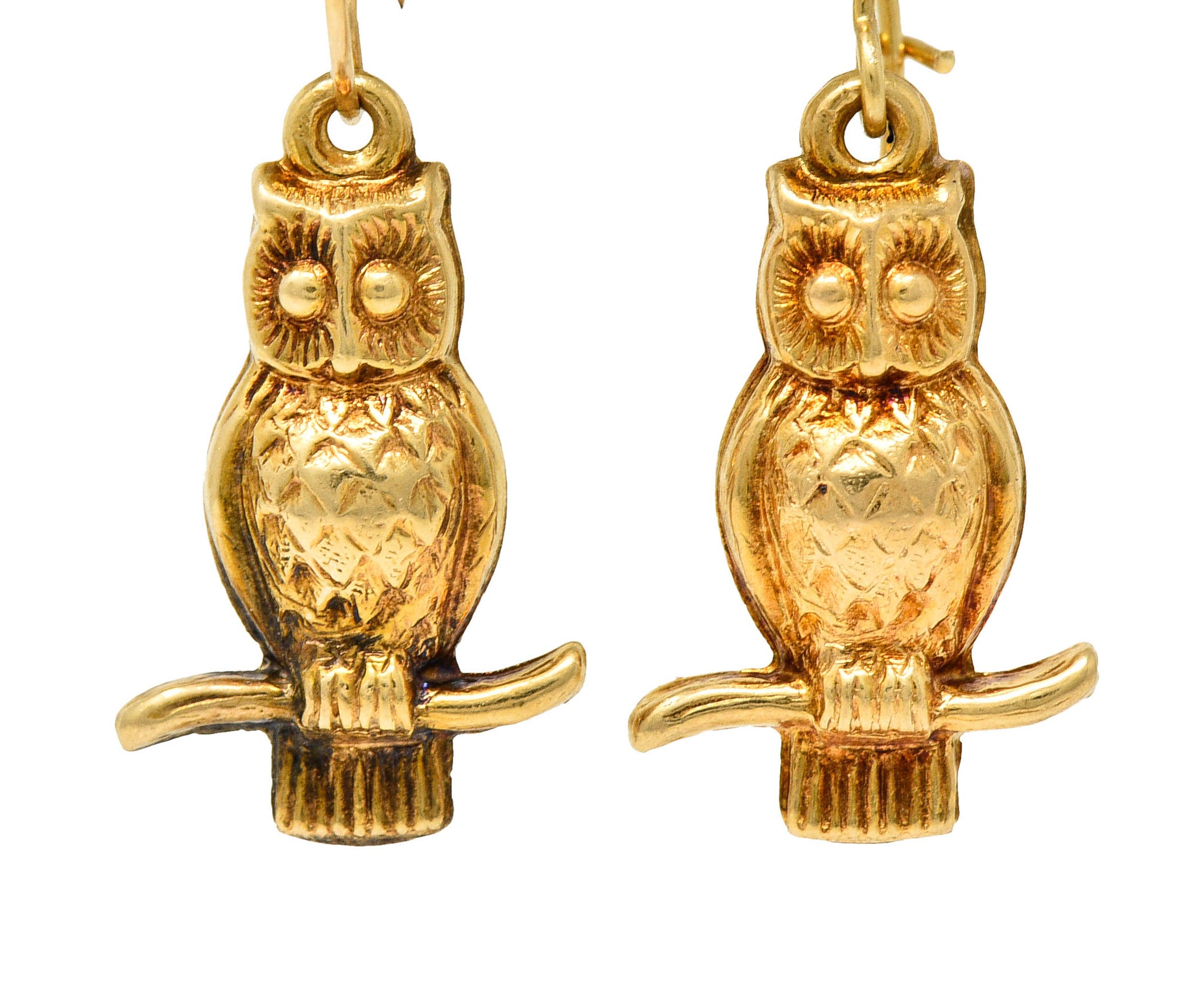 1905 Art Nouveau 14 Karat Gold Owl Drop EarringsEarrings - Wilson's Estate Jewelry