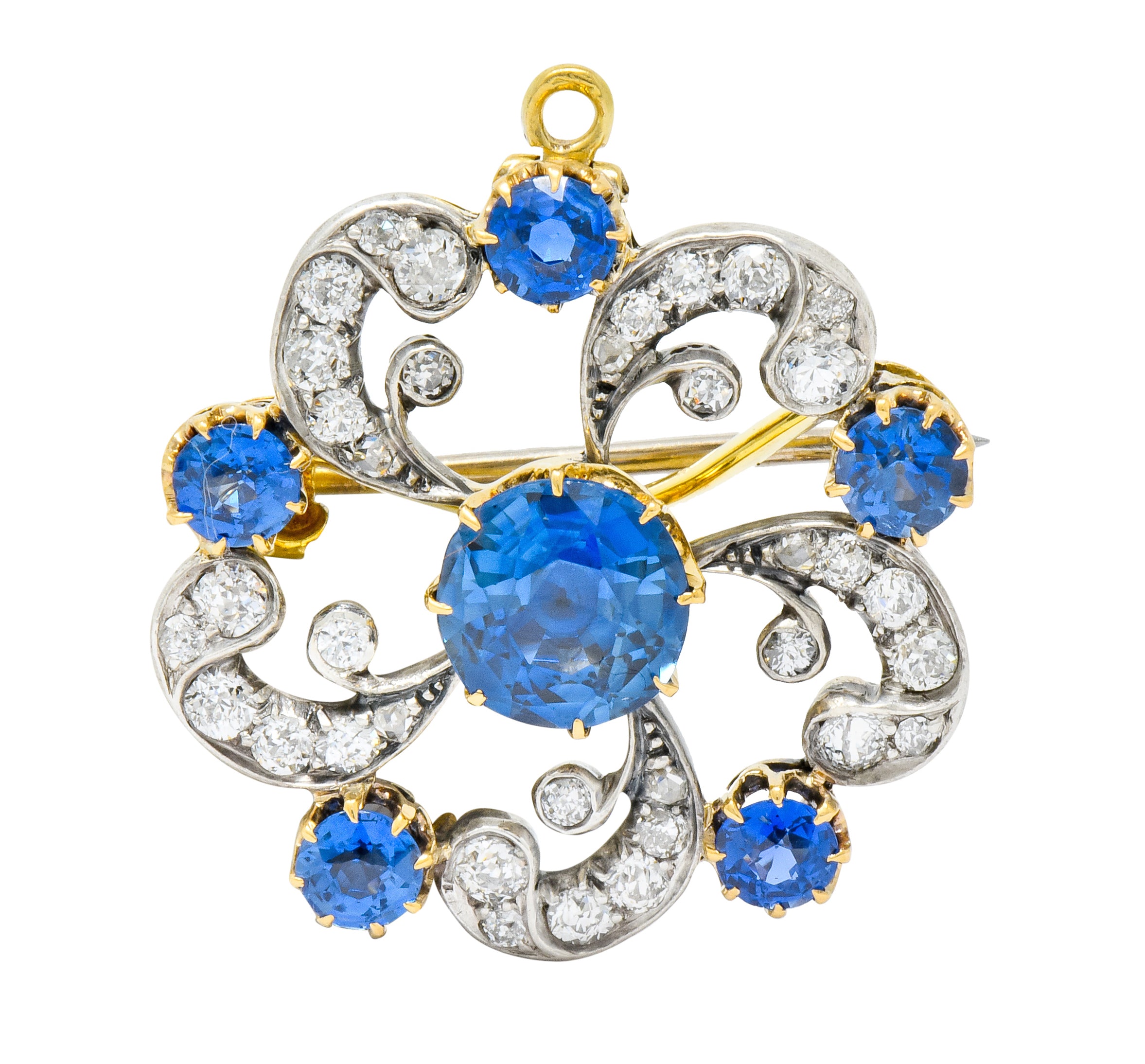 Edwardian 3.90 CTW Sapphire Diamond Platinum-Topped Floral Pendant Brooch - Wilson's Estate Jewelry