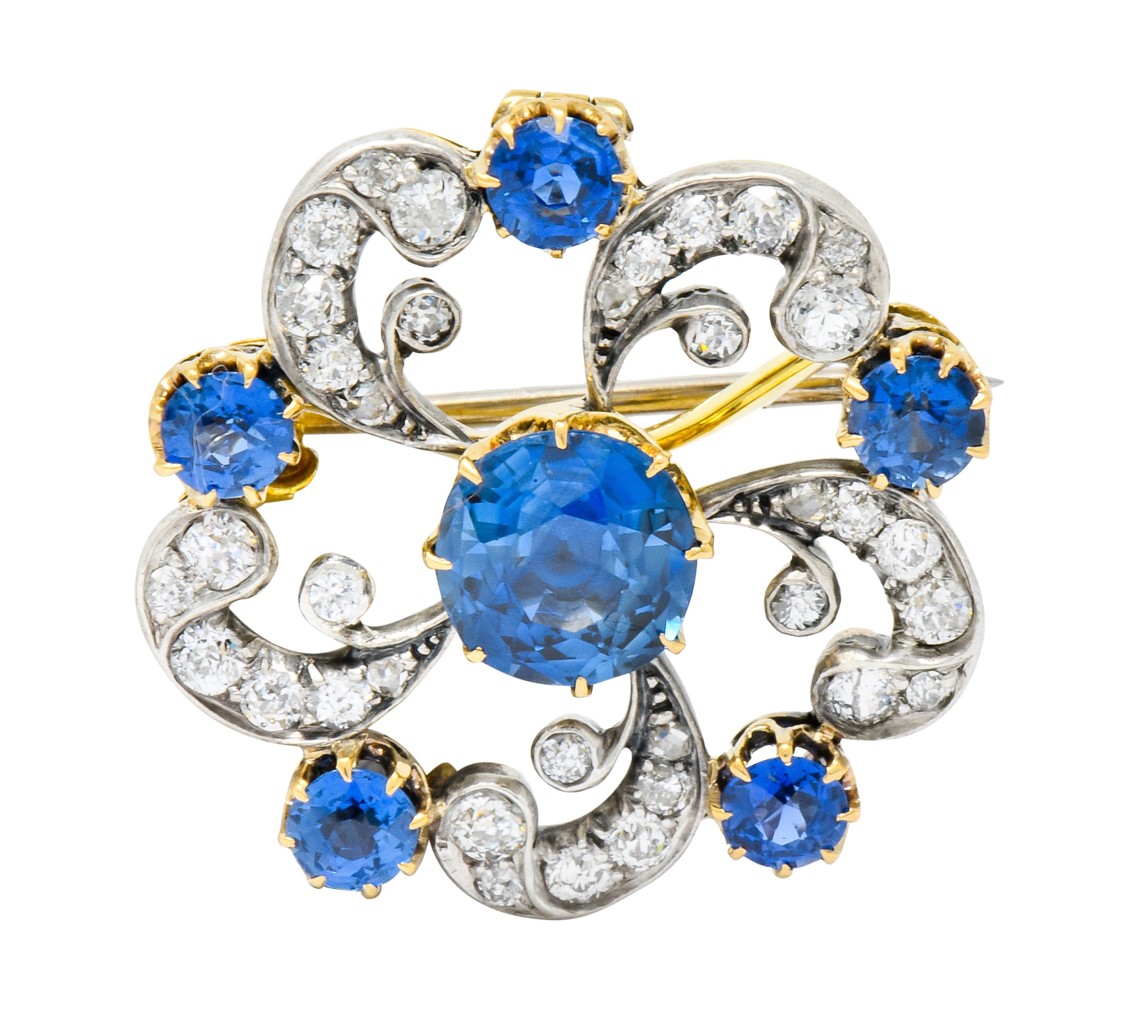 Edwardian 3.90 CTW Sapphire Diamond Platinum-Topped Floral Pendant Brooch - Wilson's Estate Jewelry