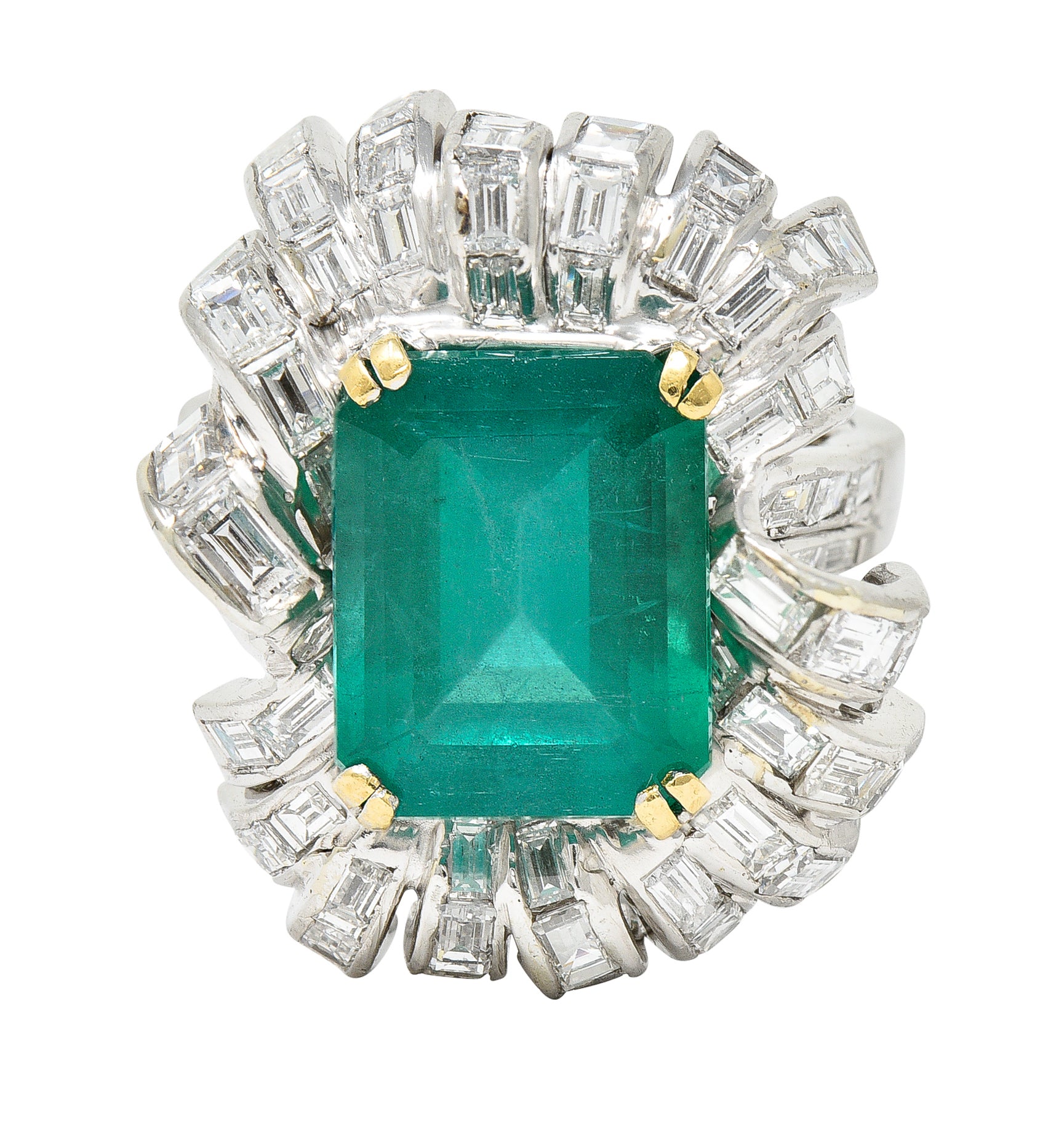 French 1950's Mid-Century 11.65 CTW Emerald Diamond Platinum 18 Karat Gold Cocktail Ring Wilson's Estate Jewelry