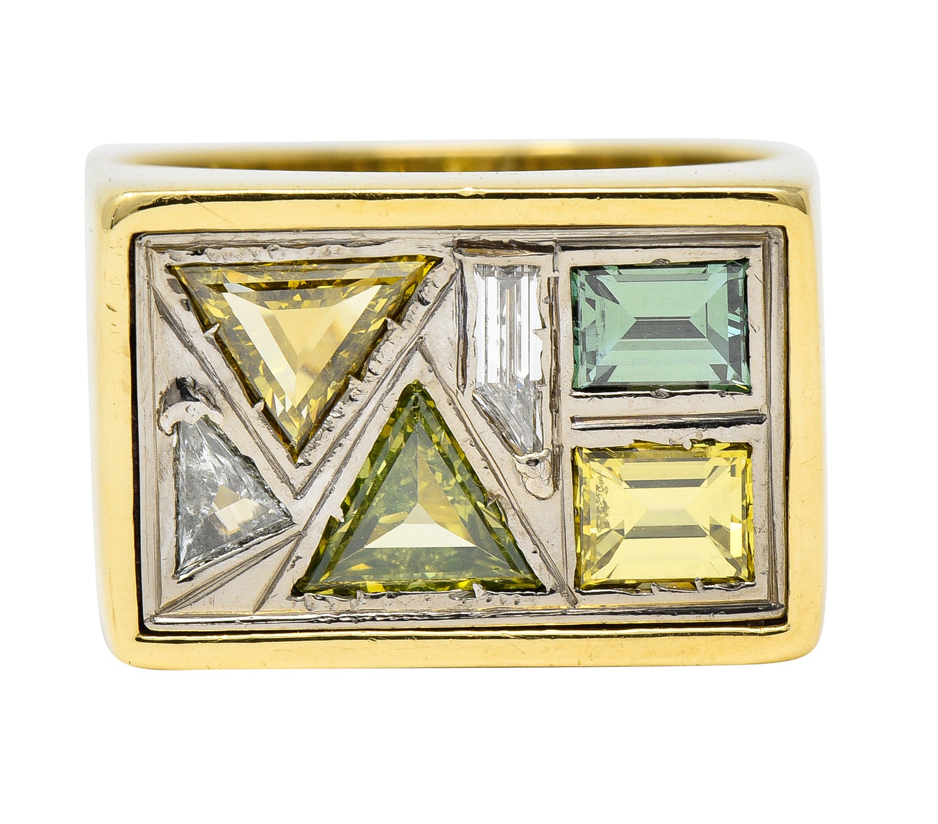 Modernist 2.84 CTW Fancy Diamond 18 Karat Two-Tone Gold Geometric Inlay Vintage Cluster Unisex Ring Wilson's Estate Jewelry