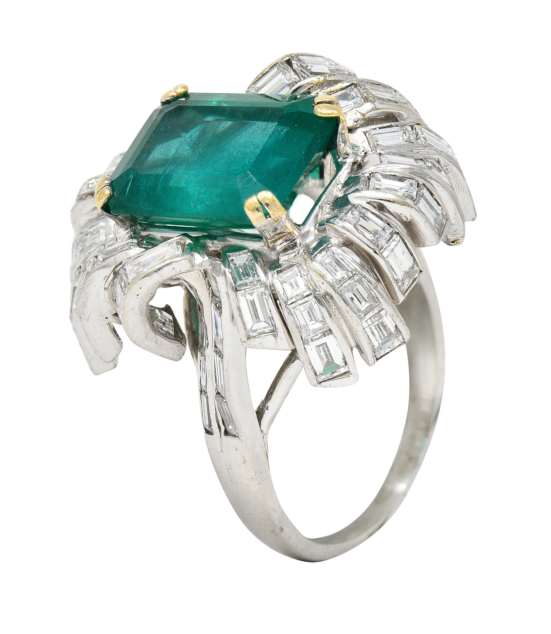 French 1950's Mid-Century 11.65 CTW Emerald Diamond Platinum 18 Karat Gold Cocktail Ring Wilson's Estate Jewelry