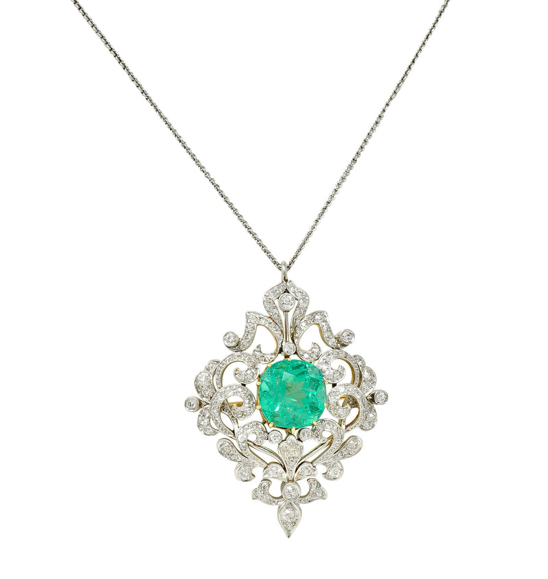 Edwardian 12.53 CTW Colombian Emerald Diamond Platinum 18 Karat Gold Pendant