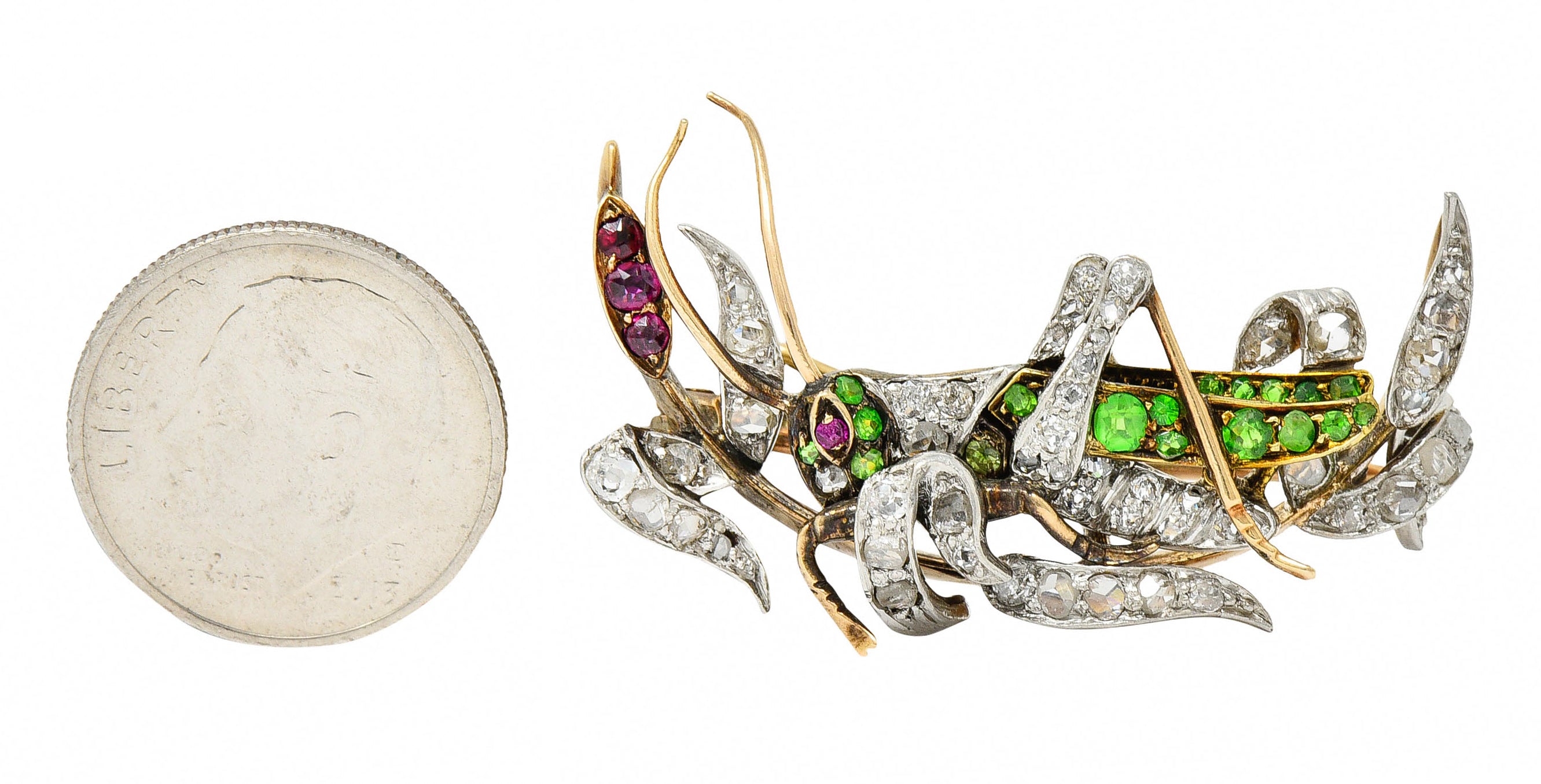 1900 Victorian Ruby Diamond Demantoid Garnet Platinum-Topped 14 Karat Gold Grasshopper BroochBrooch - Wilson's Estate Jewelry