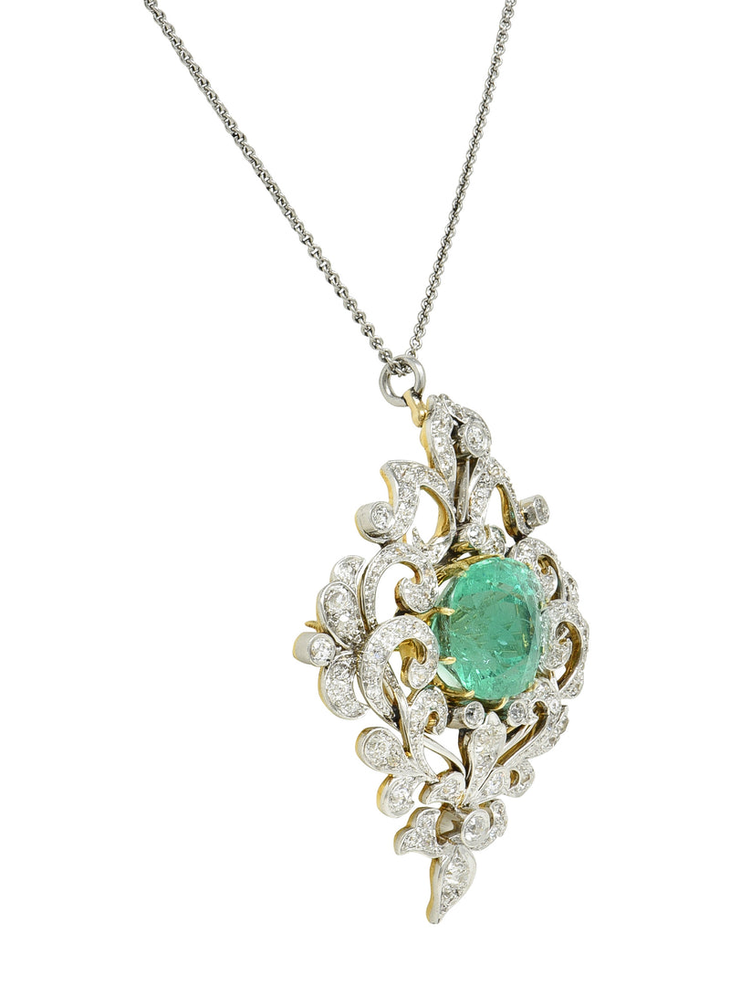 Edwardian 12.53 CTW Colombian Emerald Diamond Platinum 18 Karat Gold Pendant