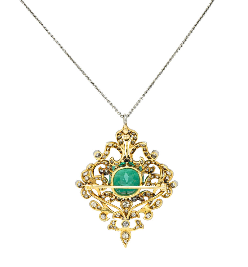 Edwardian 12.53 CTW Colombian Emerald Diamond Platinum 18 Karat Gold Pendant