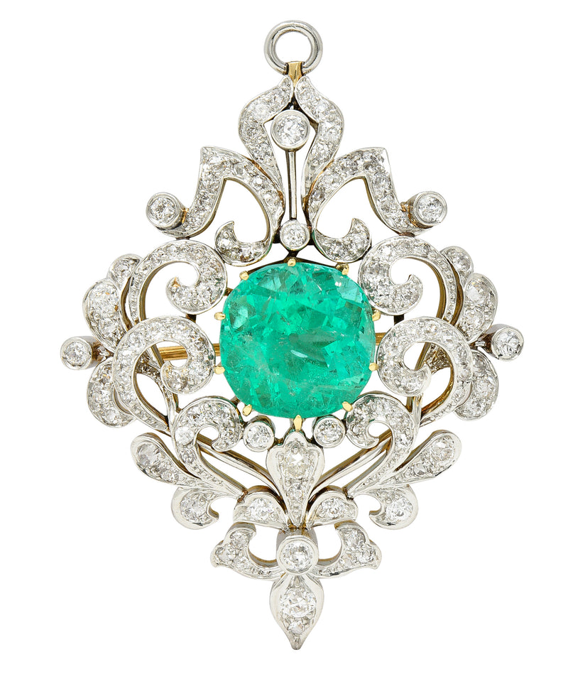 Edwardian 12.53 CTW Colombian Emerald Diamond Platinum 18 Karat Gold Pendant