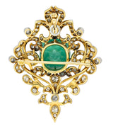 Edwardian 12.53 CTW Colombian Emerald Diamond Platinum 18 Karat Gold Pendant