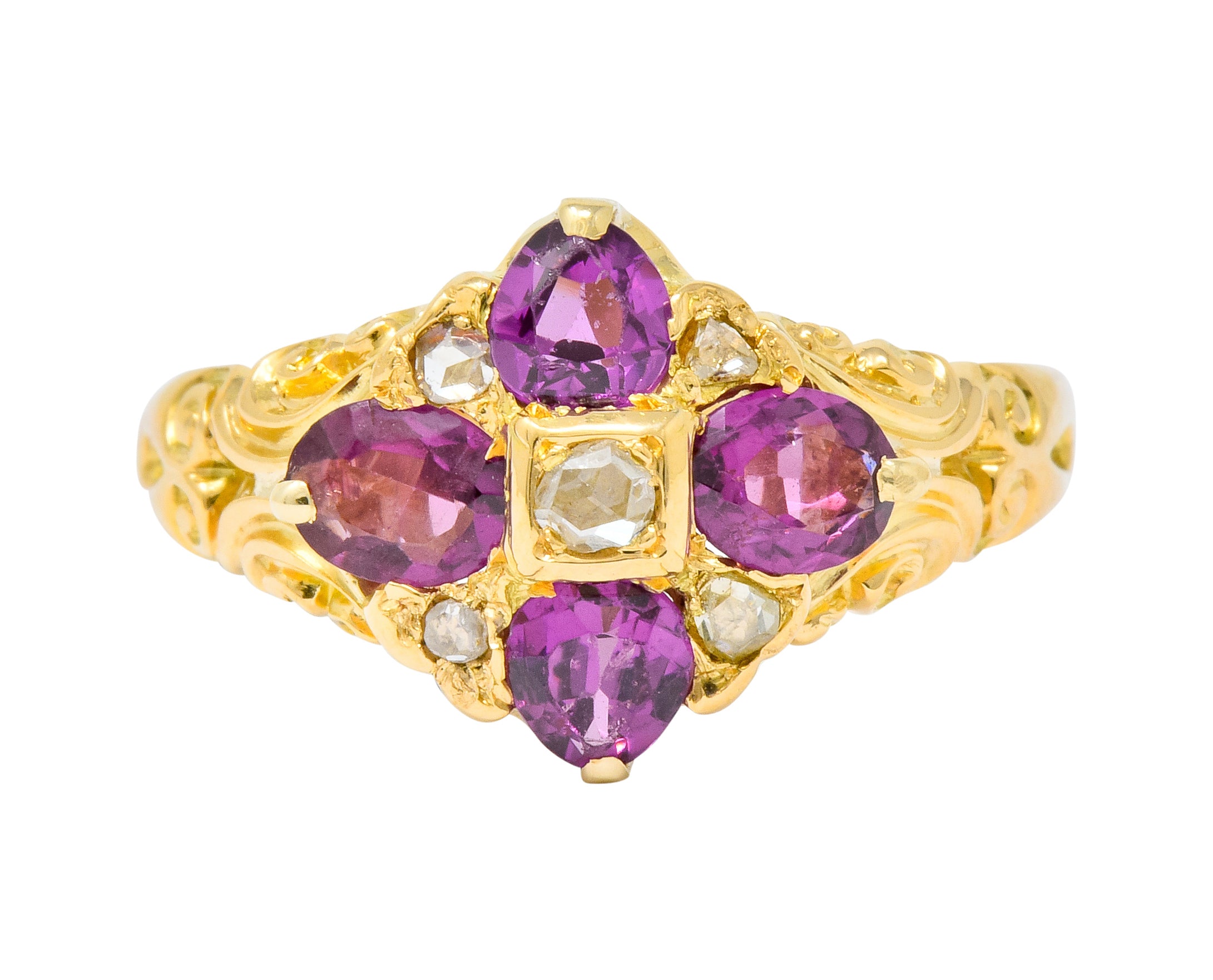 Victorian Rhodalite Garnet Rose Cut Diamond 9 Karat Gold Floral Cluster Ring - Wilson's Estate Jewelry