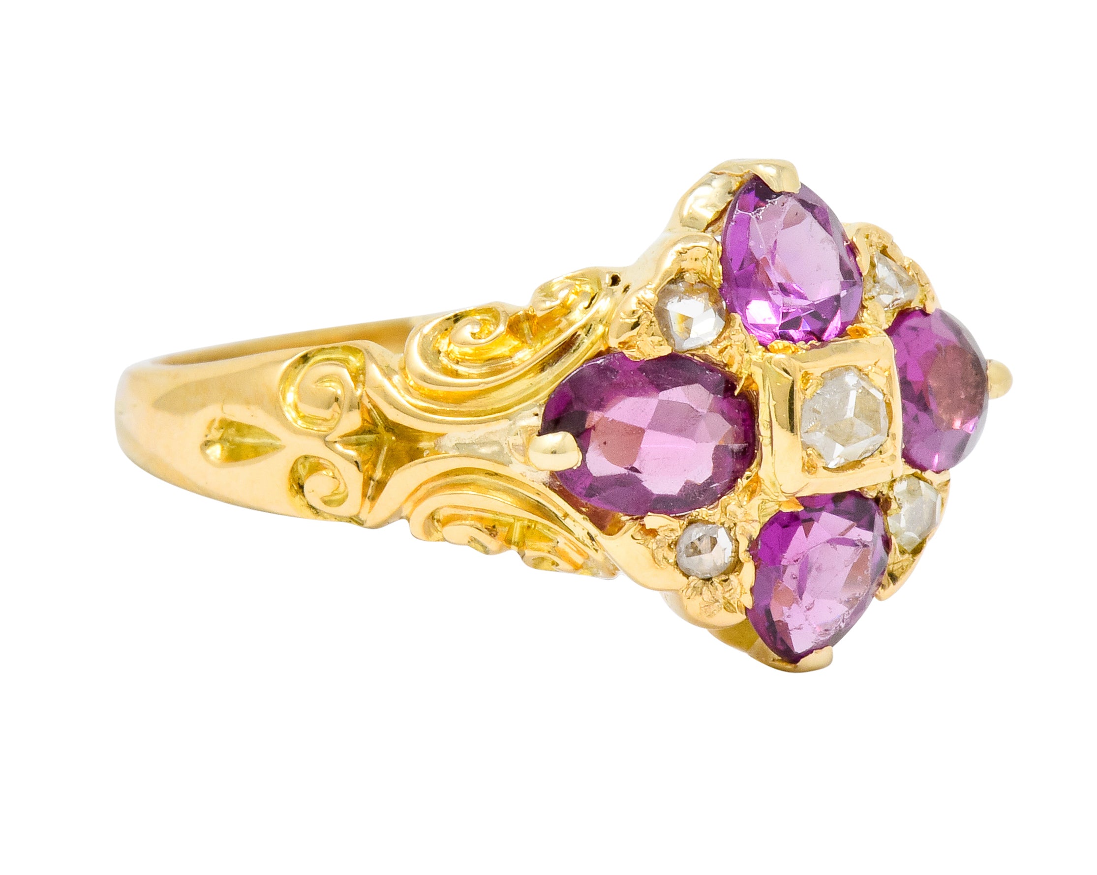 Victorian Rhodalite Garnet Rose Cut Diamond 9 Karat Gold Floral Cluster Ring - Wilson's Estate Jewelry