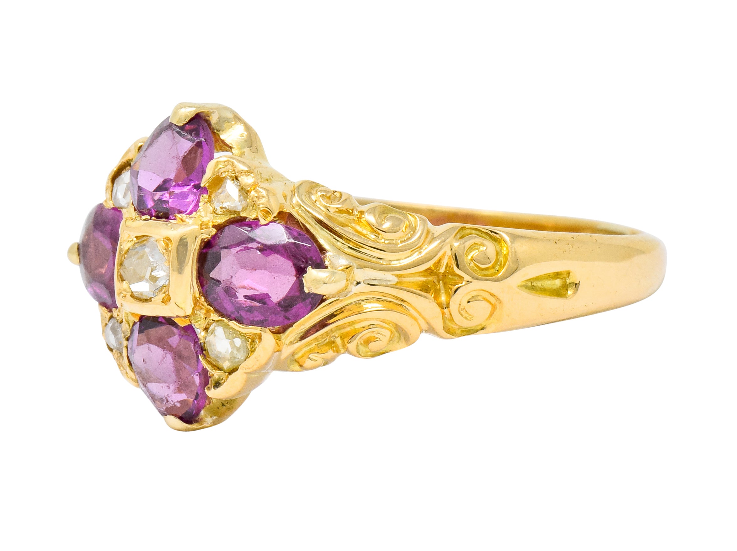 Victorian Rhodalite Garnet Rose Cut Diamond 9 Karat Gold Floral Cluster Ring - Wilson's Estate Jewelry