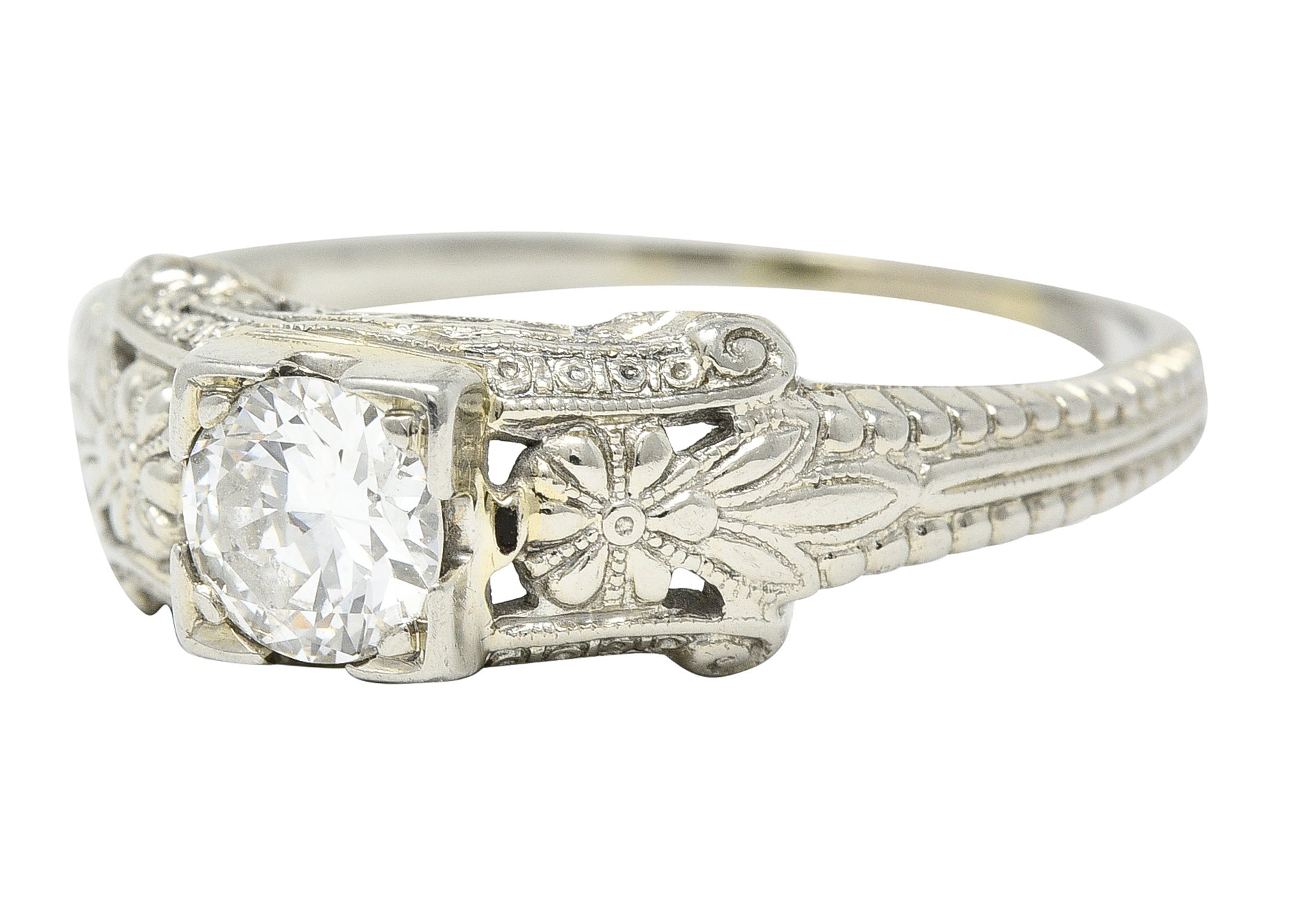 Art Deco 0.45 CTW Old European Cut Diamond 18 Karat White Gold Orange Blossom Engagement Ring Wilson's Estate Jewelry