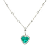 Vintage 14.64 CTW Heart Cut Colombian Emerald Diamond Platinum Pendant Necklace