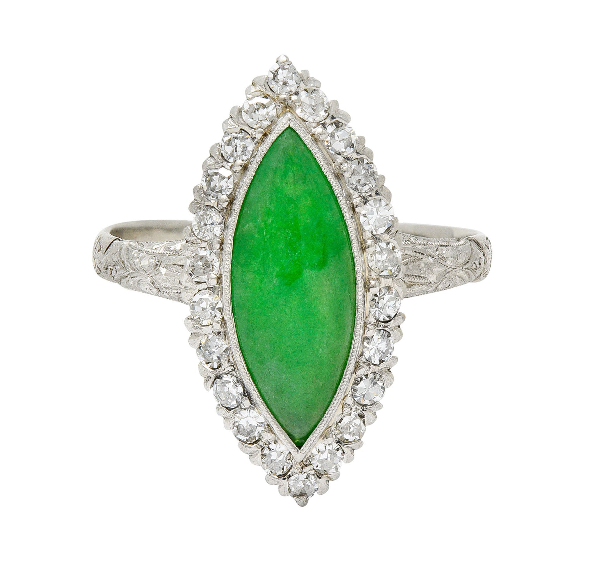 1930's Art Deco Jade Diamond Platinum Navette Cluster RingRing - Wilson's Estate Jewelry