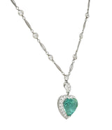 Vintage 14.64 CTW Heart Cut Colombian Emerald Diamond Platinum Pendant Necklace