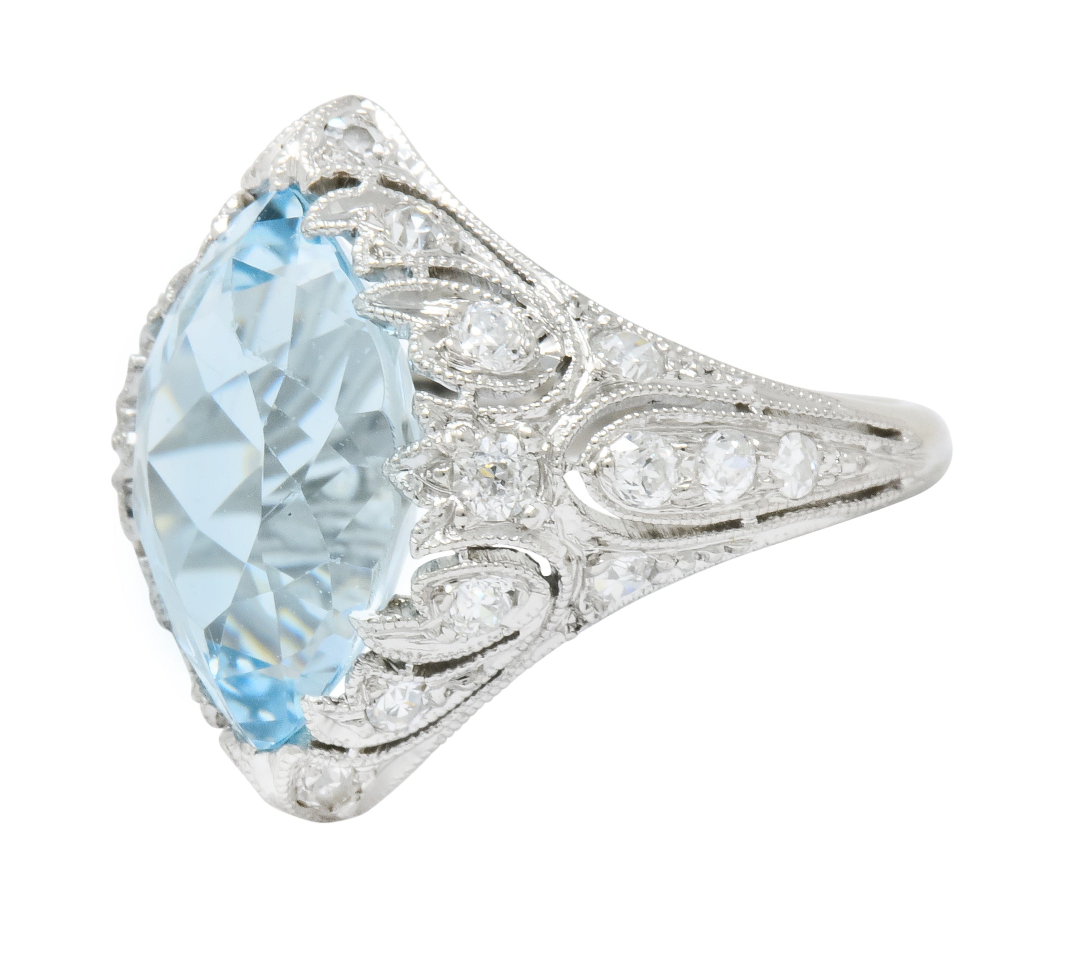 Edwardian Bailey Banks & Biddle 2.83 CTW Aquamarine Diamond Platinum Navette Ring - Wilson's Estate Jewelry