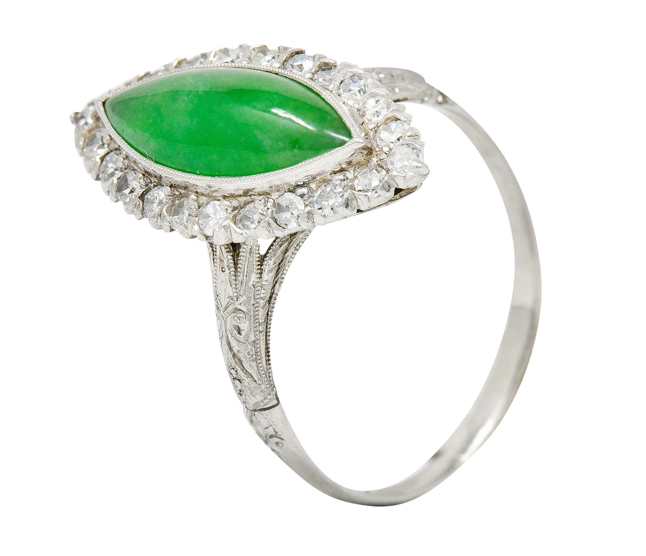 1930's Art Deco Jade Diamond Platinum Navette Cluster RingRing - Wilson's Estate Jewelry