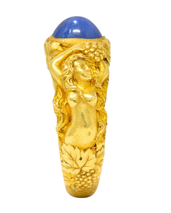 Outstanding Tiffany & Co. Art Nouveau Star Sapphire 18 Karat Gold Bacchantes Unisex Men’s RingRing - Wilson's Estate Jewelry